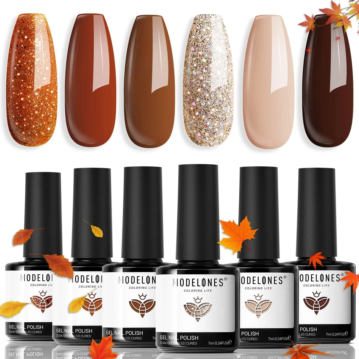 modelones Gel Nail Polish Set Glitter Nude 6Colors Burgundy Brown Caramel
