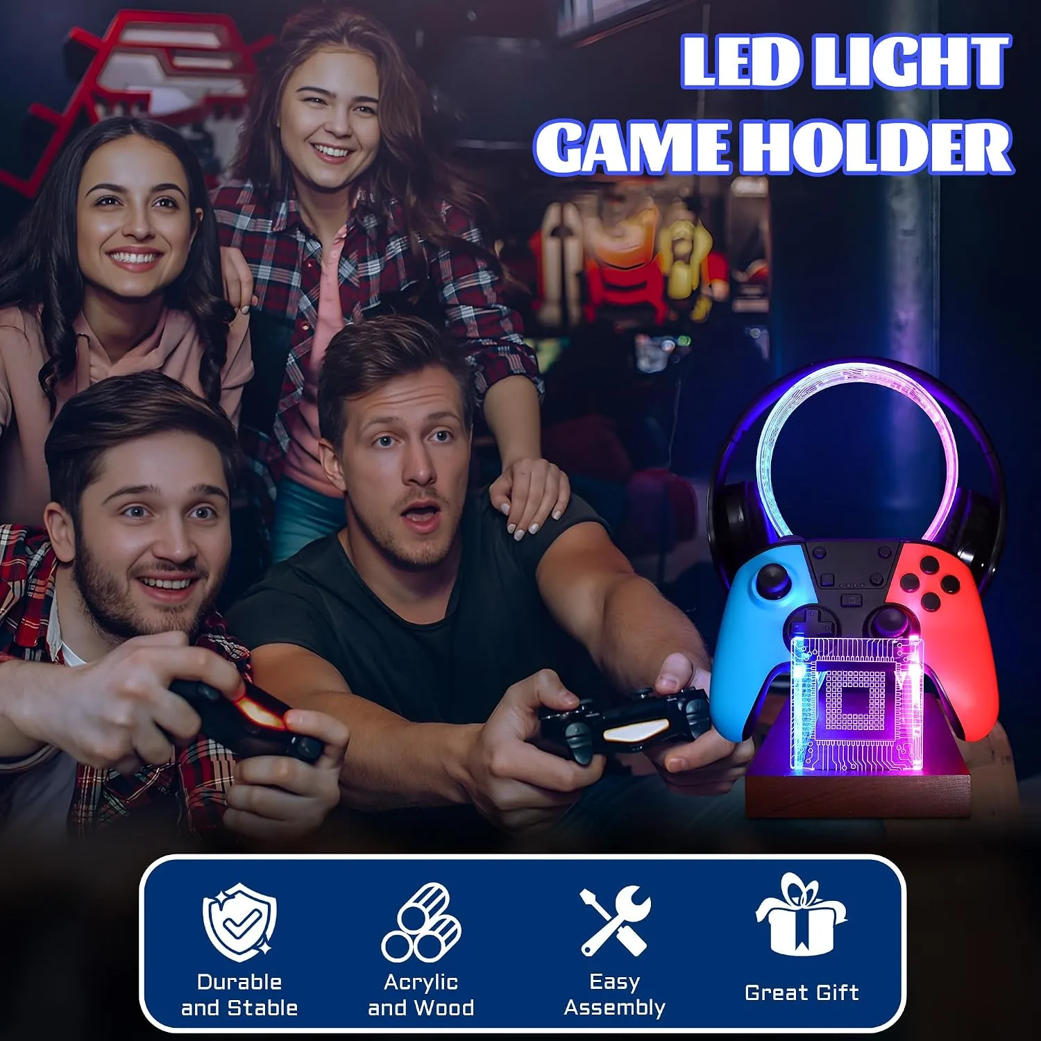 YuanDian Gamer Gifts for Teenage Boy, Desk Gaming Headset and Controller Stand with Blue Pink LED Night Light, Acrylic Wooden Controller Holder with PCB Pattern, Desk Decor Gift