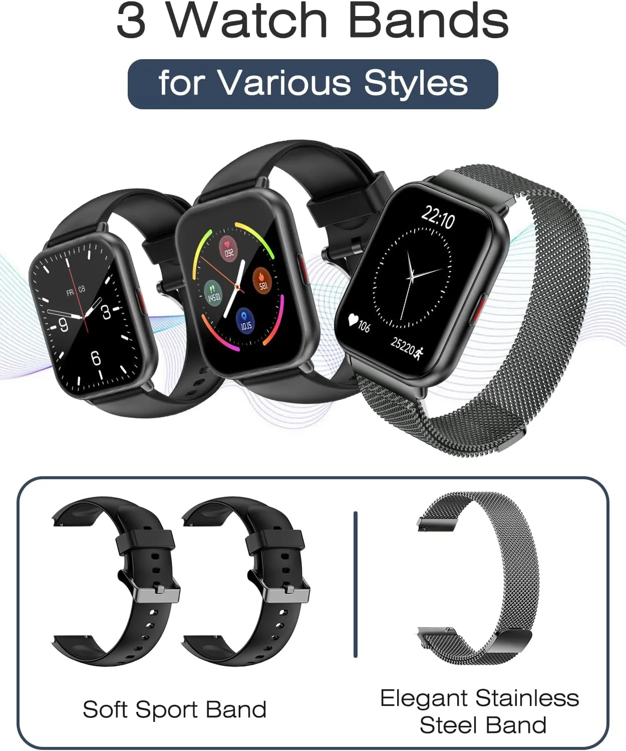 Smart Watch for Men Women with Call Function, Sport & Metal Bands Black