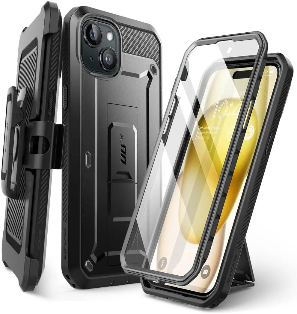 SUPCASE for iPhone 15 Case with Kickstand & Screen Protector, Black