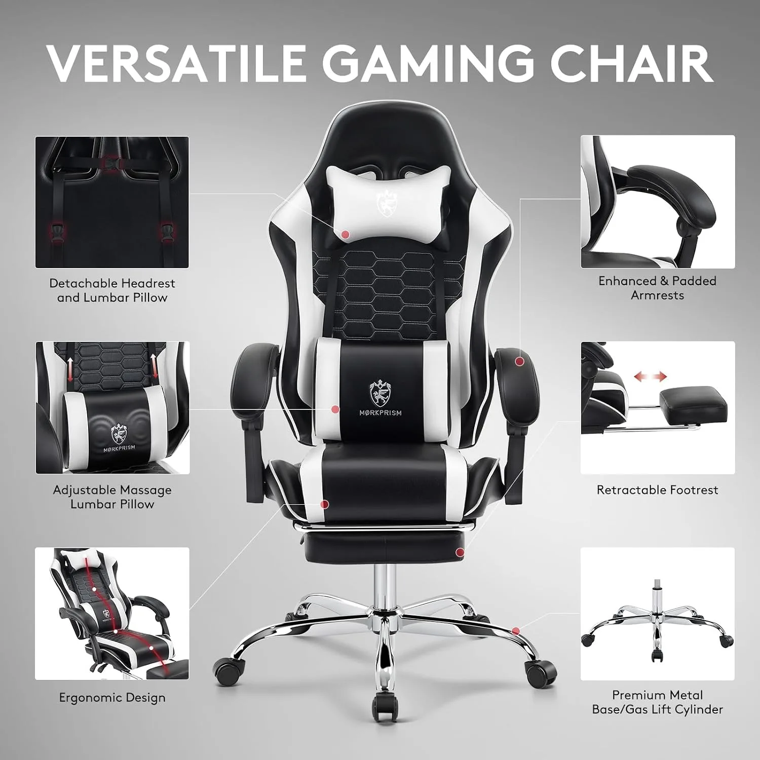 Gaming Chair,Office Chair with Massage,Gel Pad,Black White