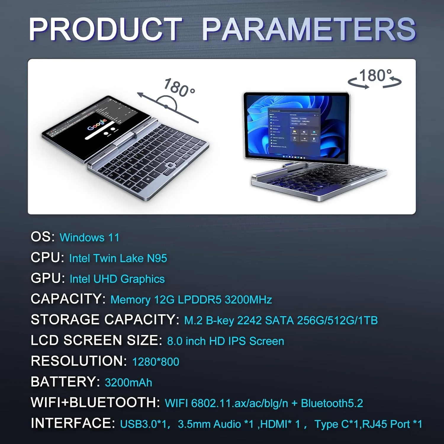 Mini Laptop 8" 2-in-1, Laptop Computer Win 11, Intel N95(up to 3.4GHz), 12GB RAM 512GB SSD, Touchscreen HD, Backlit Keyboard, Wi-Fi 6, USB-C, Lightweight Portable PC for Work/Kids/School