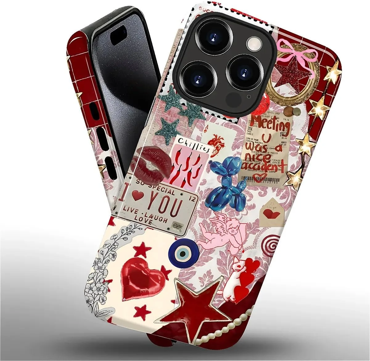 DAIZAG Case for iPhone 15 Pro,Mixed 2 Layer Design Shockproof Soft TPU Ddouble Protection Phone Case for iPhone 15 Pro-Conch Red Pearl Collage