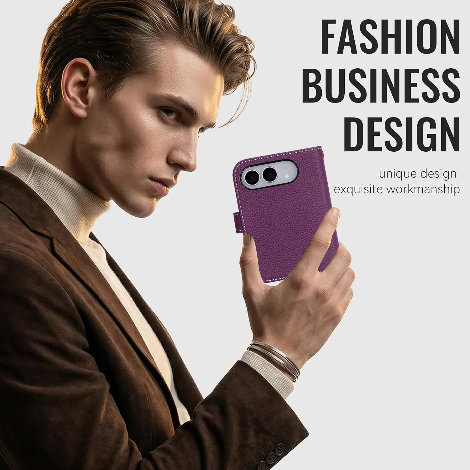 for iPhone Duo Case Wallet Genuine Leather for Magsafe, Purple