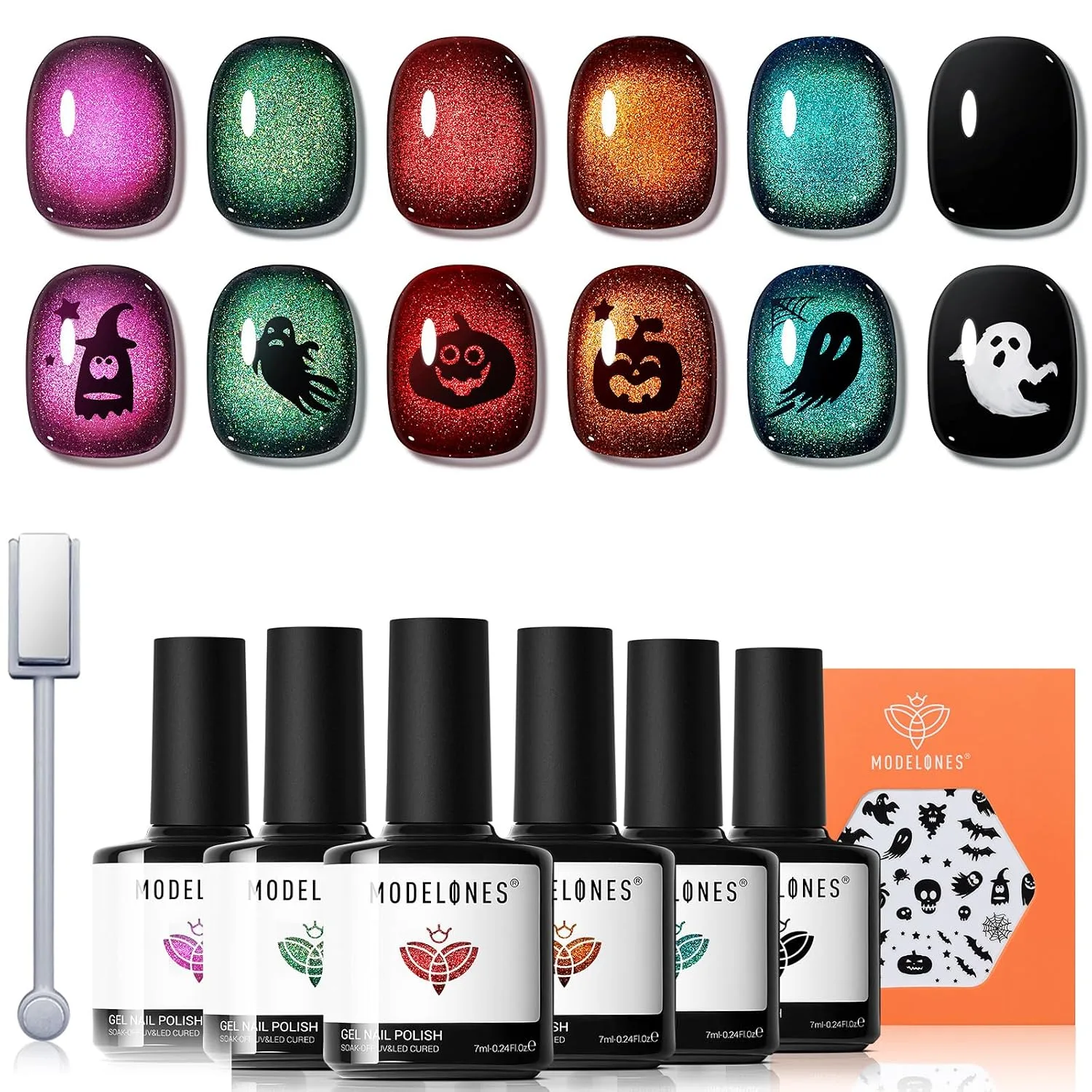 modelones Cat Eye Gel Nail Polish Set Halloween 6Colors Sticker