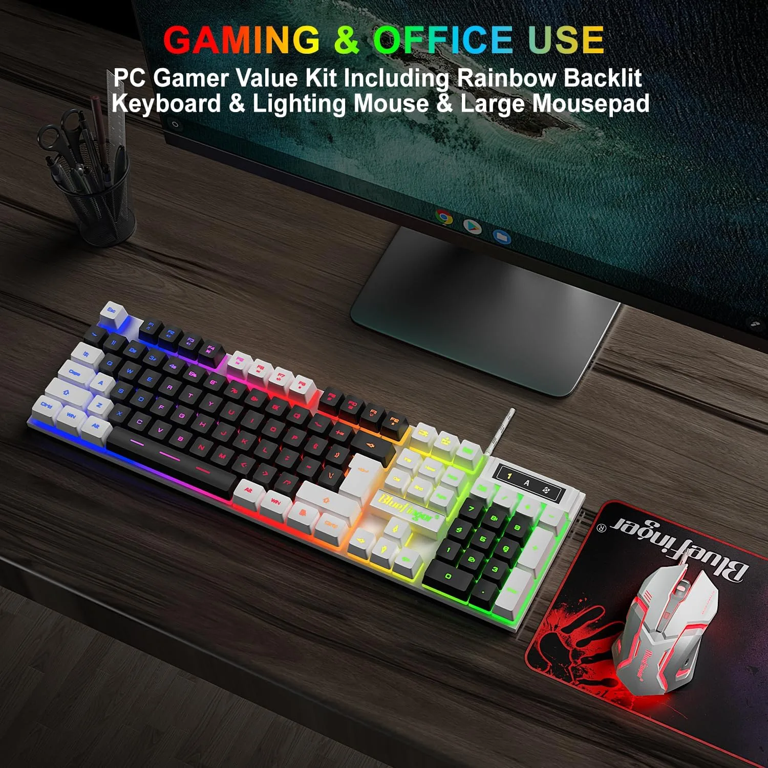 BlueFinger RGB Gaming Keyboard and Backlit Mouse Combo, USB Wired, LED Gaming Set for Laptop PC Computer Game and Work (White & Black)
