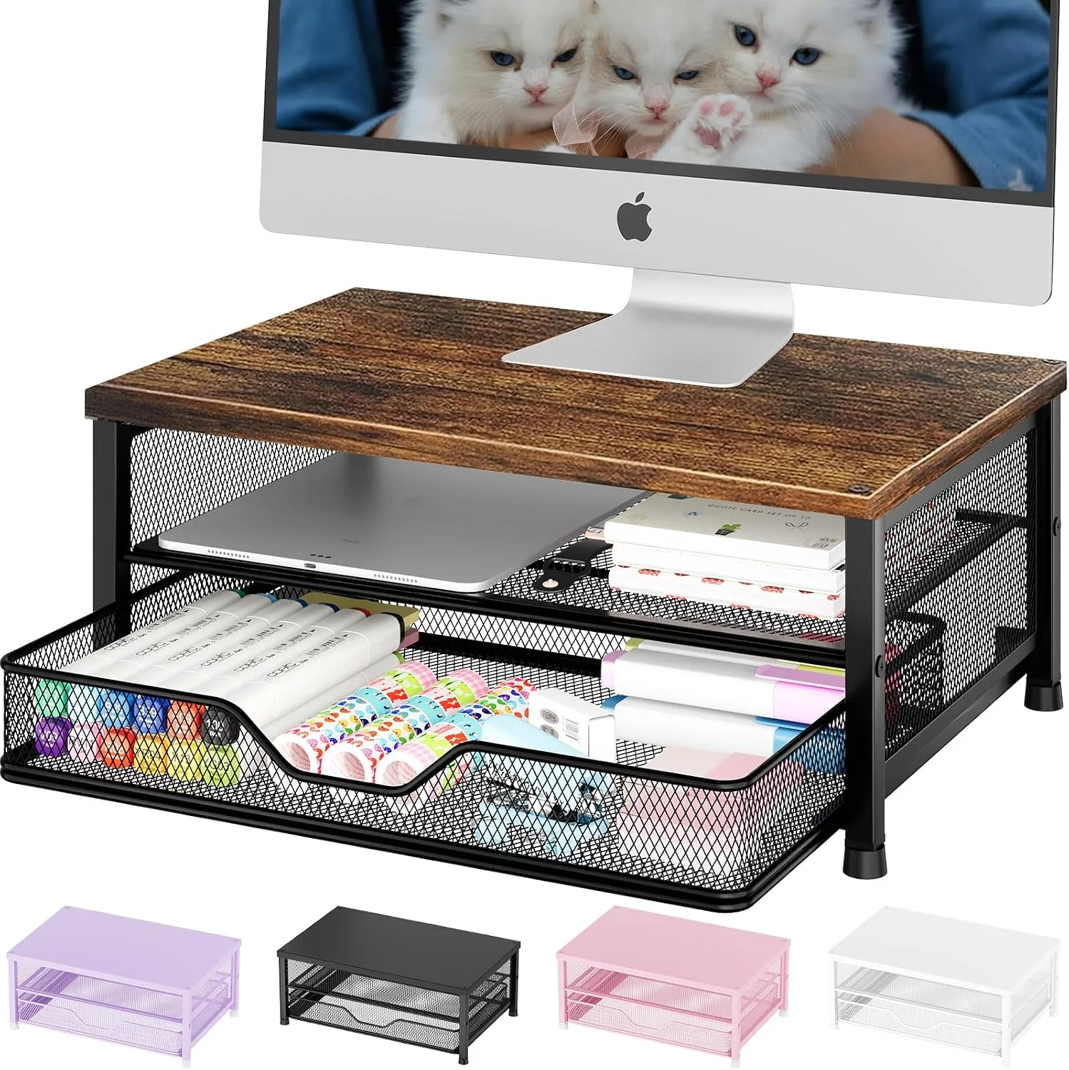 OPNICE Computer Monitor Stand Riser, Desk Organizer with Drawer, Printer & Laptop Stand, Office Desk Accessories & Workspace Desktop Organizers Storage for Office Supplies(Brown)