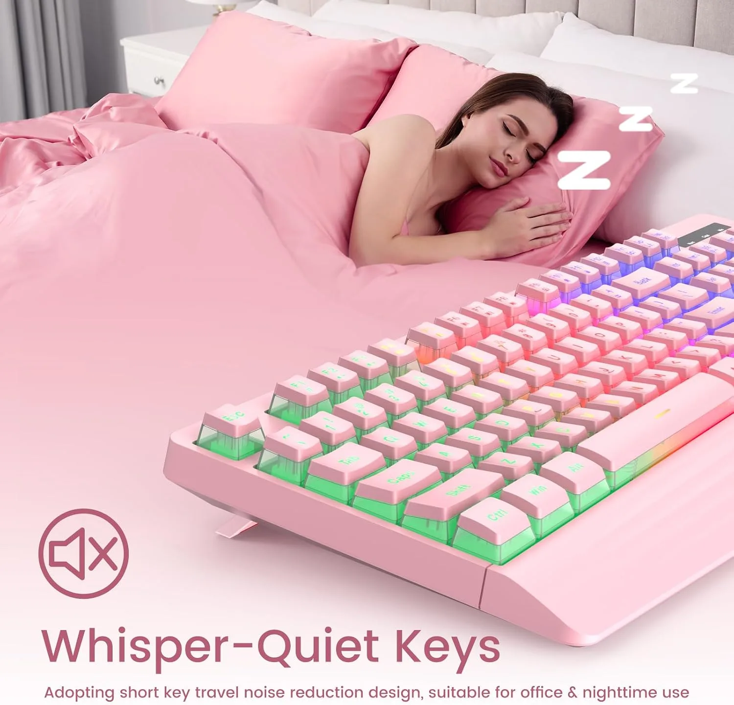 yesbeaut Pink Wired Keyboard, LED Backlit, 104 Keys Silent Light Up Gaming