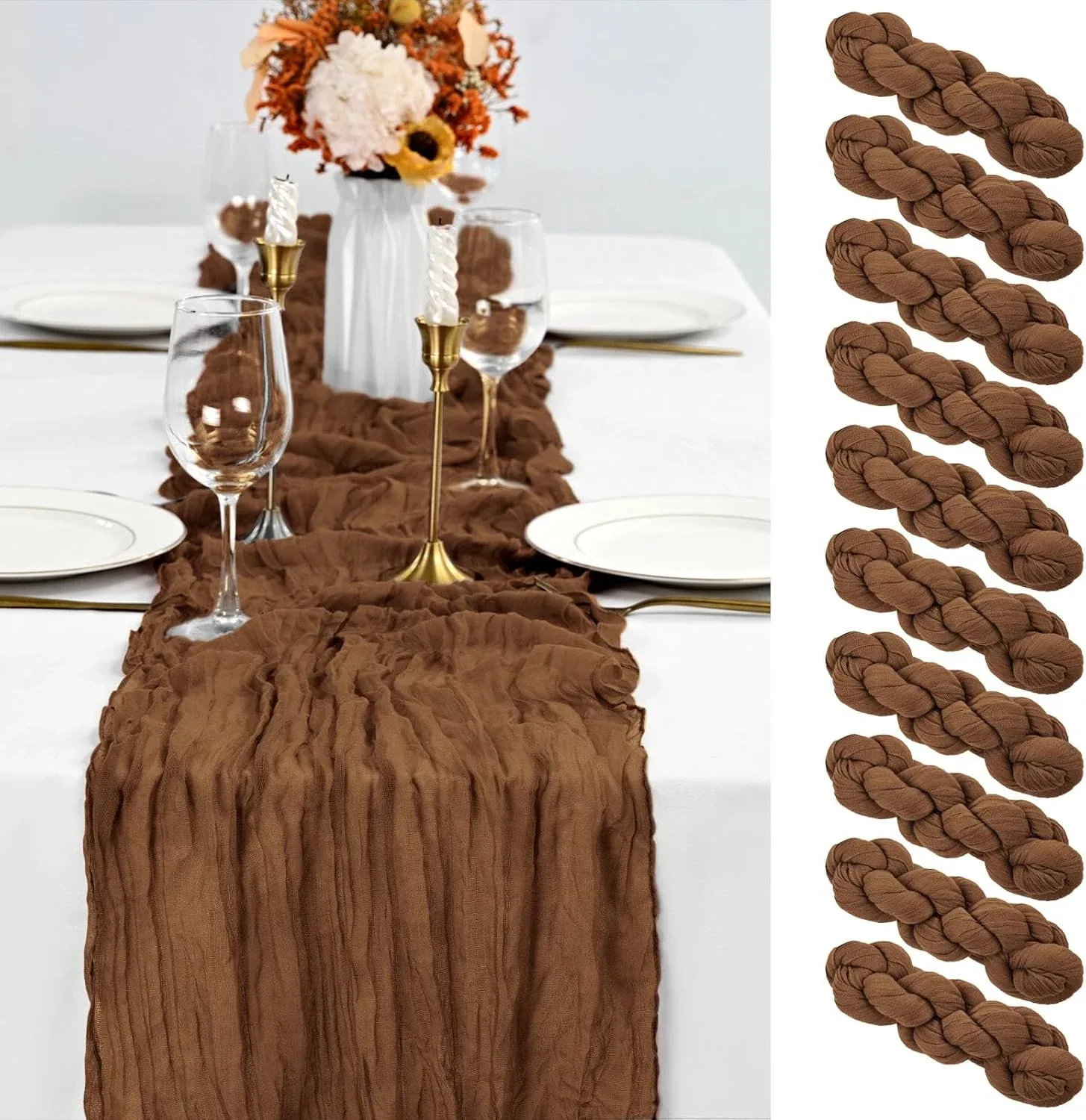 10 Pack Brown Table Runner 10Ft Cheesecloth Table Runner Boho Gauze Cheese Cloth Table Runners Romantic Long Sheer Fabric Table Runners for Wedding Party Bridal Shower