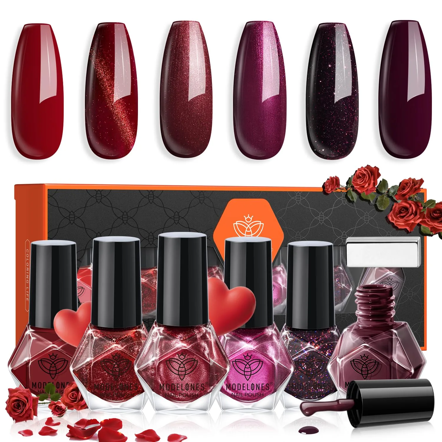 modelones Red Nail Polish, 6 Colors Burgundy Velvet Cat Eye Nail Polish Set