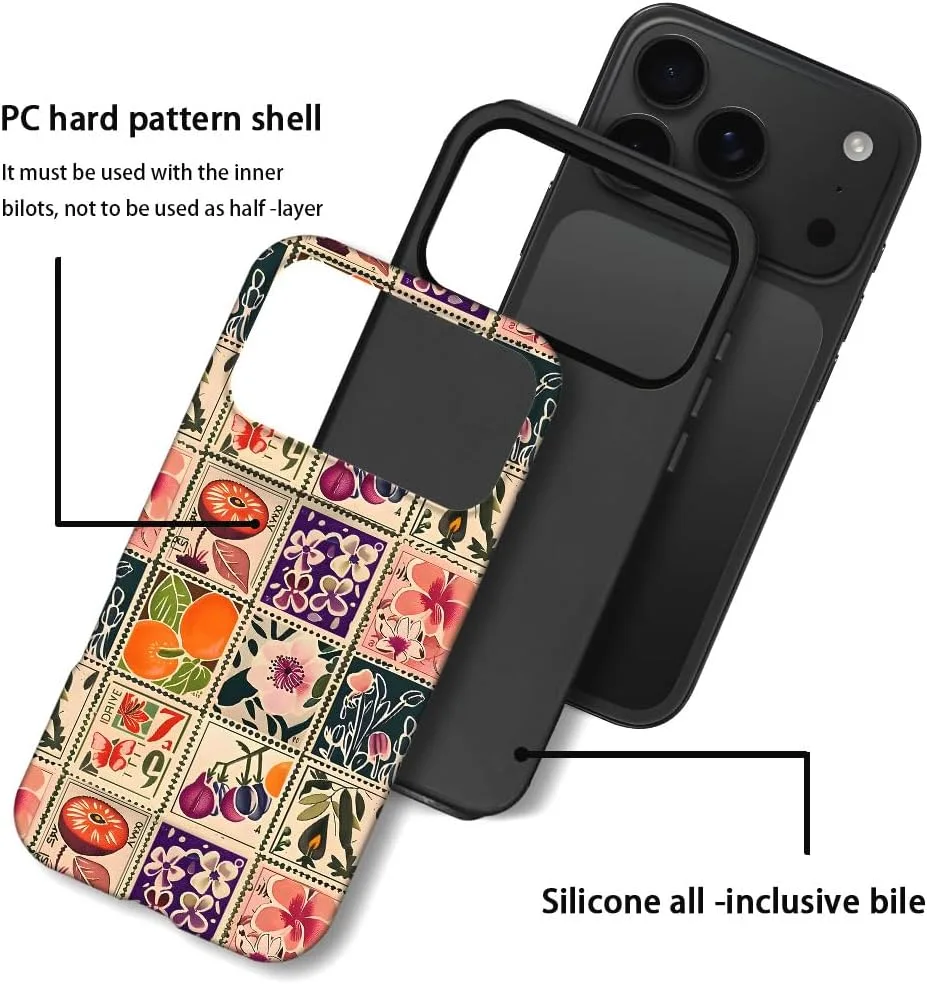 Case Compatible with iPhone 18 Pro/iPhone 17 Pro,Fall Prevention Hybrid 2-Layer Hard Shell Phone Cover for Girls Boys,Vintage Flower Orange Stamp Collage