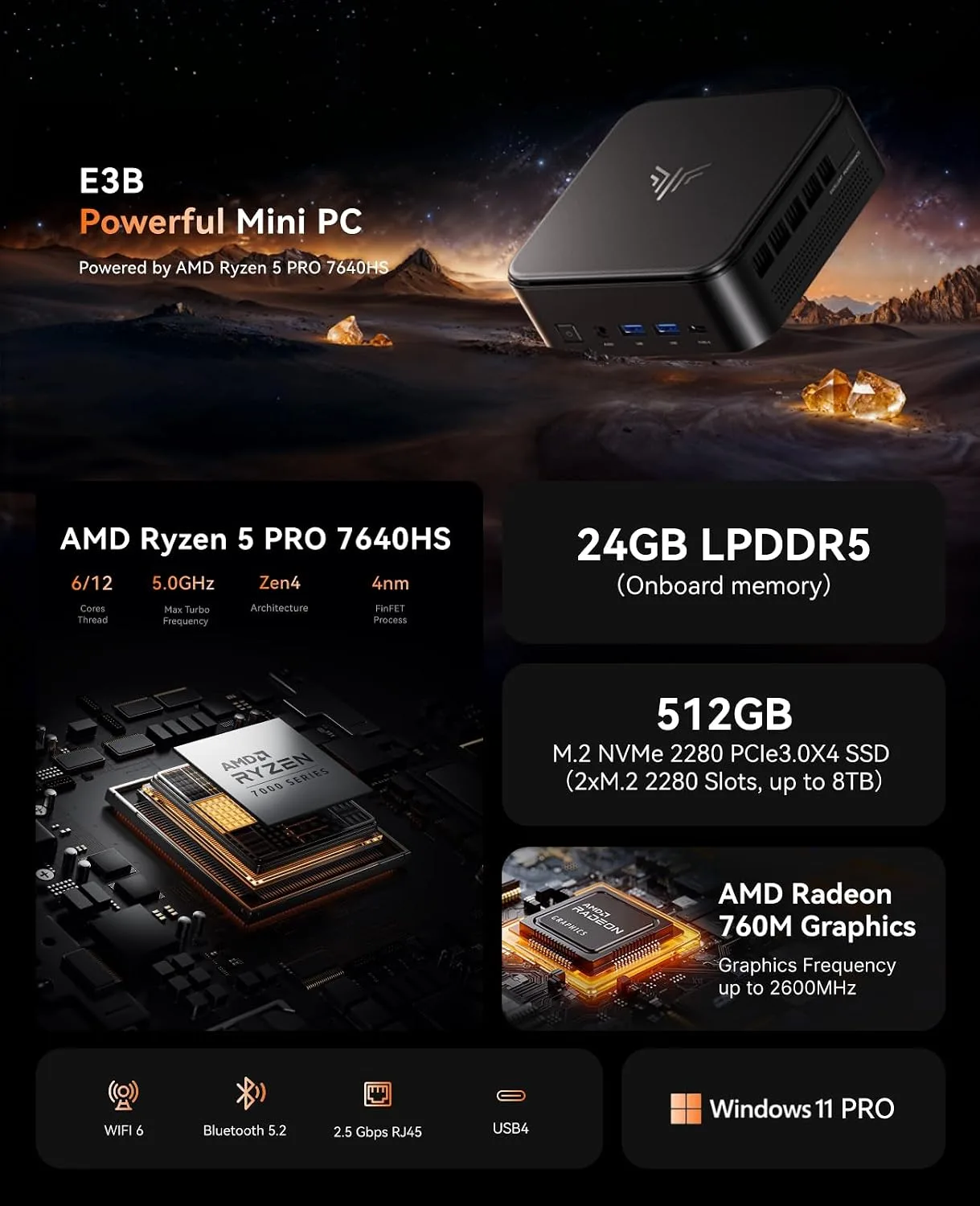 KAMRUI E3B Mini PC, AMD Ryzen 5 PRO 7640HS, 24GB LPDDR5, 512 GB SSD