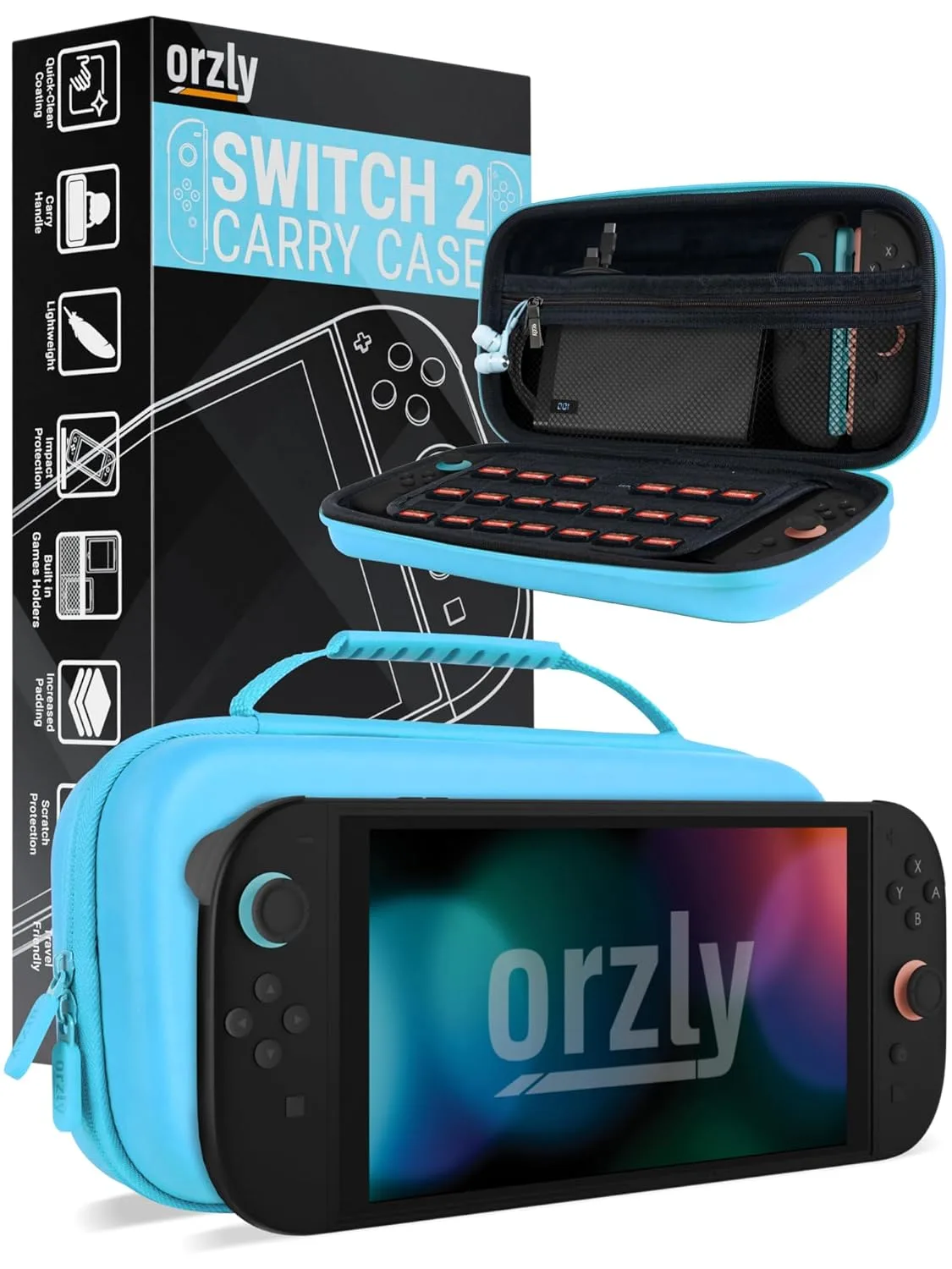 Orzly Case Compatible with Nintendo Switch 2 – Protective Travel Carry Case with Screen Padding, Game Card & microSD Slots, Zipped & Open Pockets for Accessories – 7.9" Gift Boxed