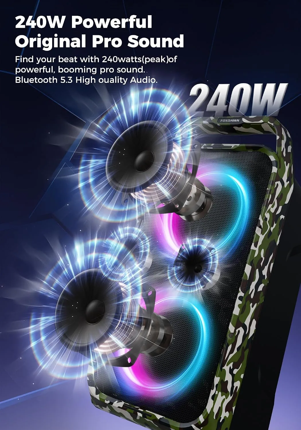 Foxdawn Portable Bluetooth Speaker: 240W Peak Powerful Loud Sound Deep Bass Wireless Boombox Large Subwoofer 15 Hours Battery Life Fast Charging with Led Light Show for Party Outdoor Camping Backyard