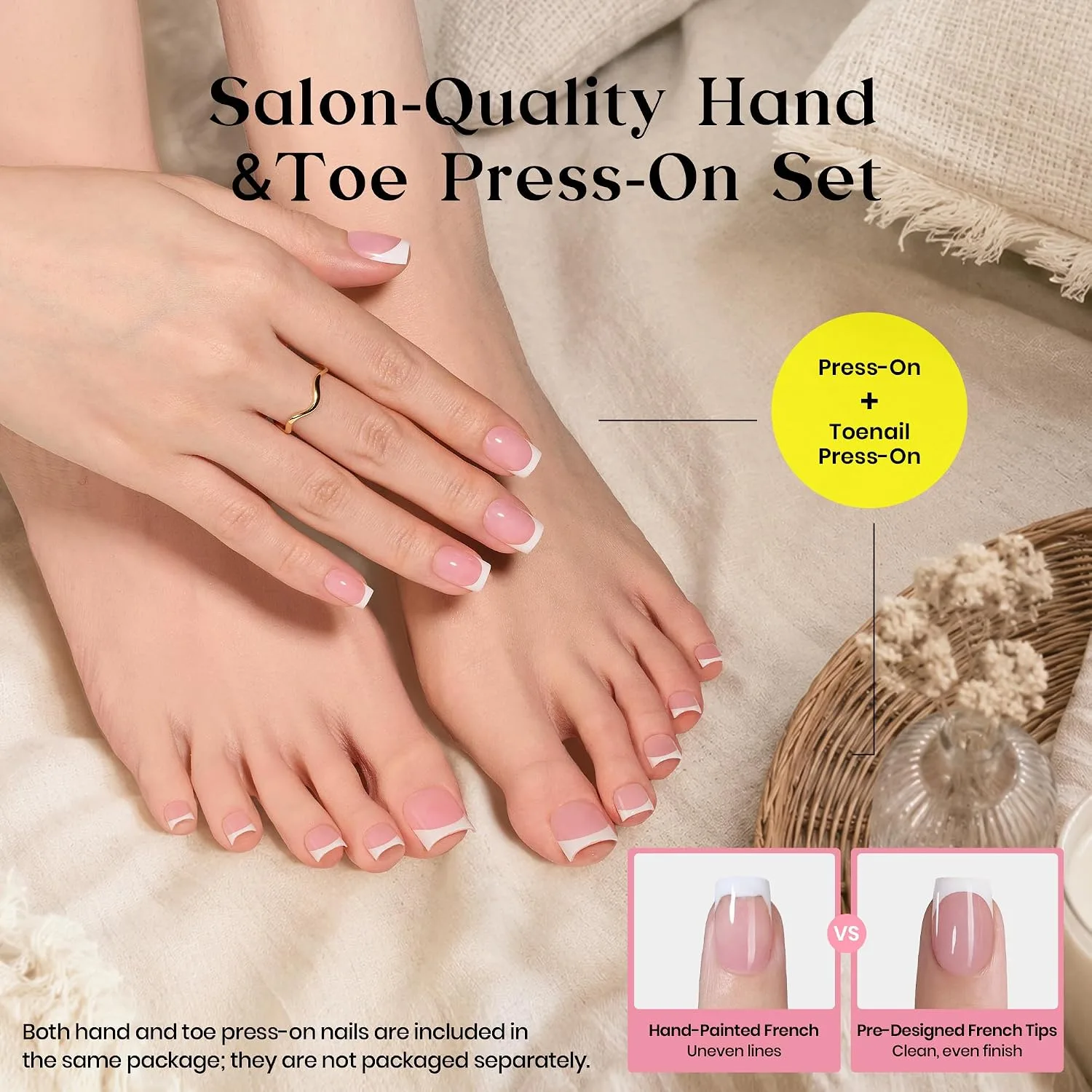 Beetles French Tip Press on Nails and Toenails, 180 Pcs Short Square