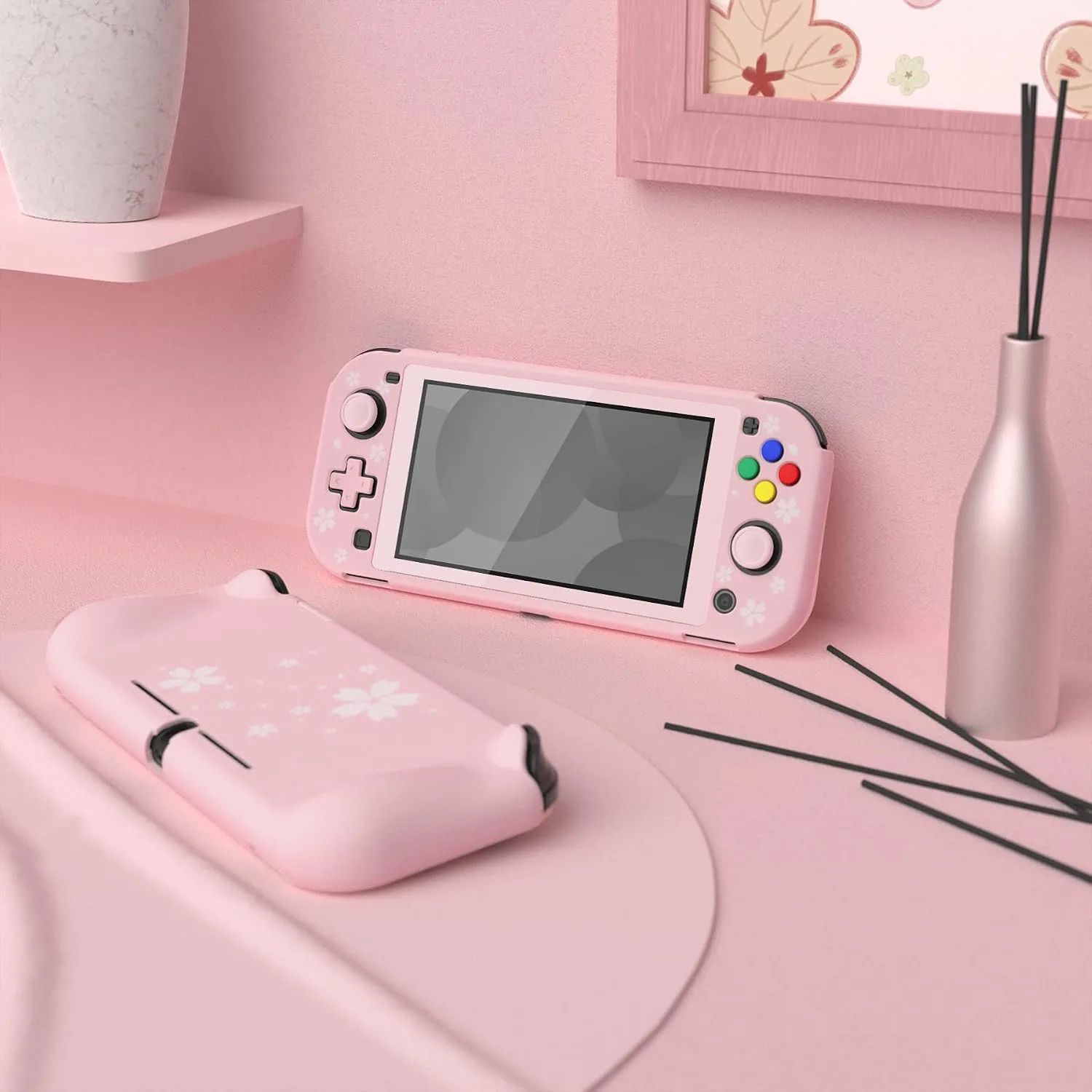 PlayVital ZealProtect Protective Case for Nintendo Switch Lite, Hard Shell Ergonomic Grip Cover for Nintendo Switch Lite w/Screen Protector & Thumb Grip Caps & Button Caps - Cherry Blossoms Petals