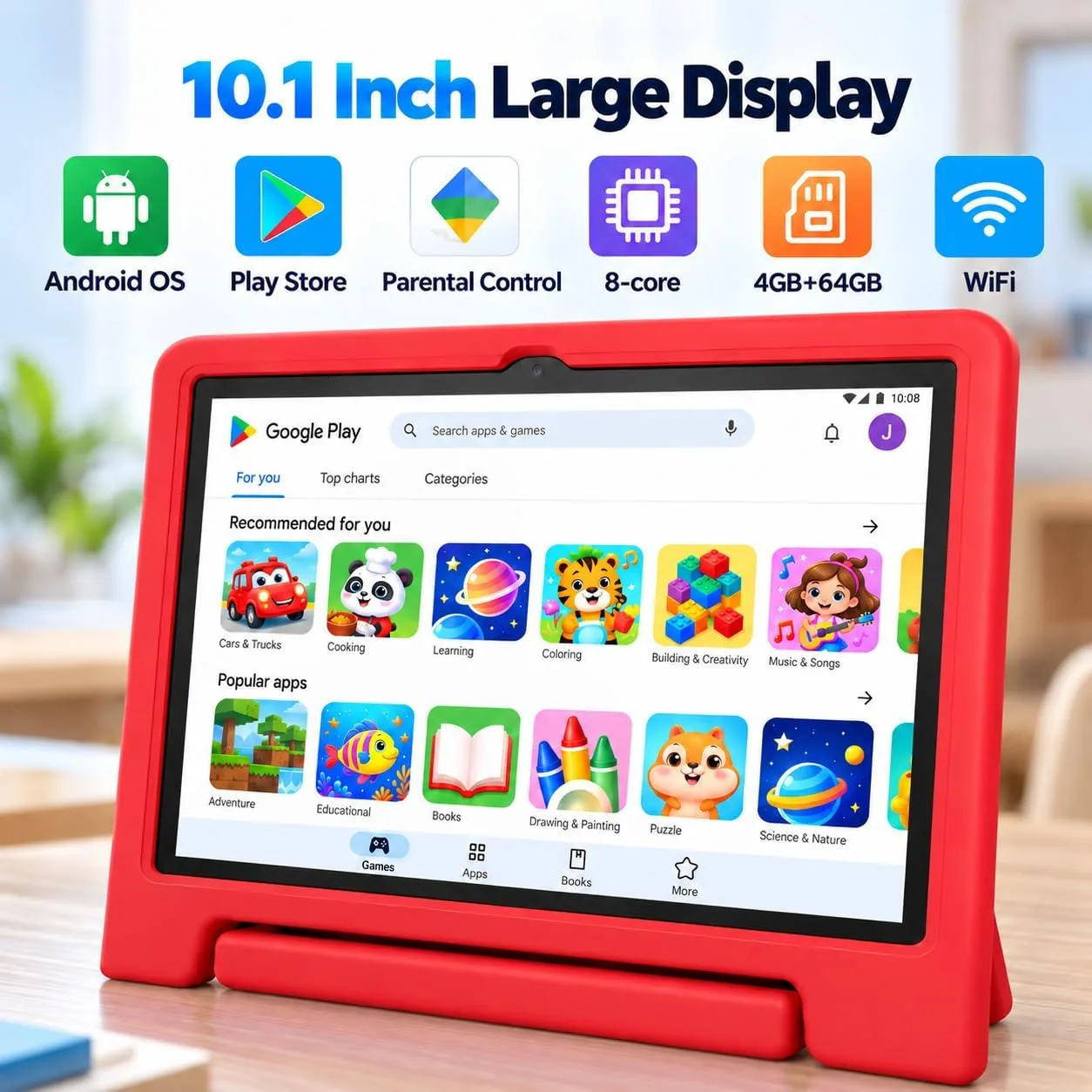 JREN 10.1" Android 15 Tablet with Case, 64GB Storage,Octa-Core Red