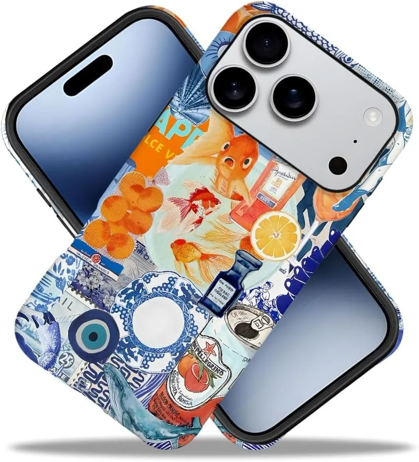 Case Compatible with iPhone 18 Pro/iPhone 17 Pro,Fall Prevention Hybrid 2-Layer Hard Shell Phone Cover for Girls Boys,Fish Orange Collage European