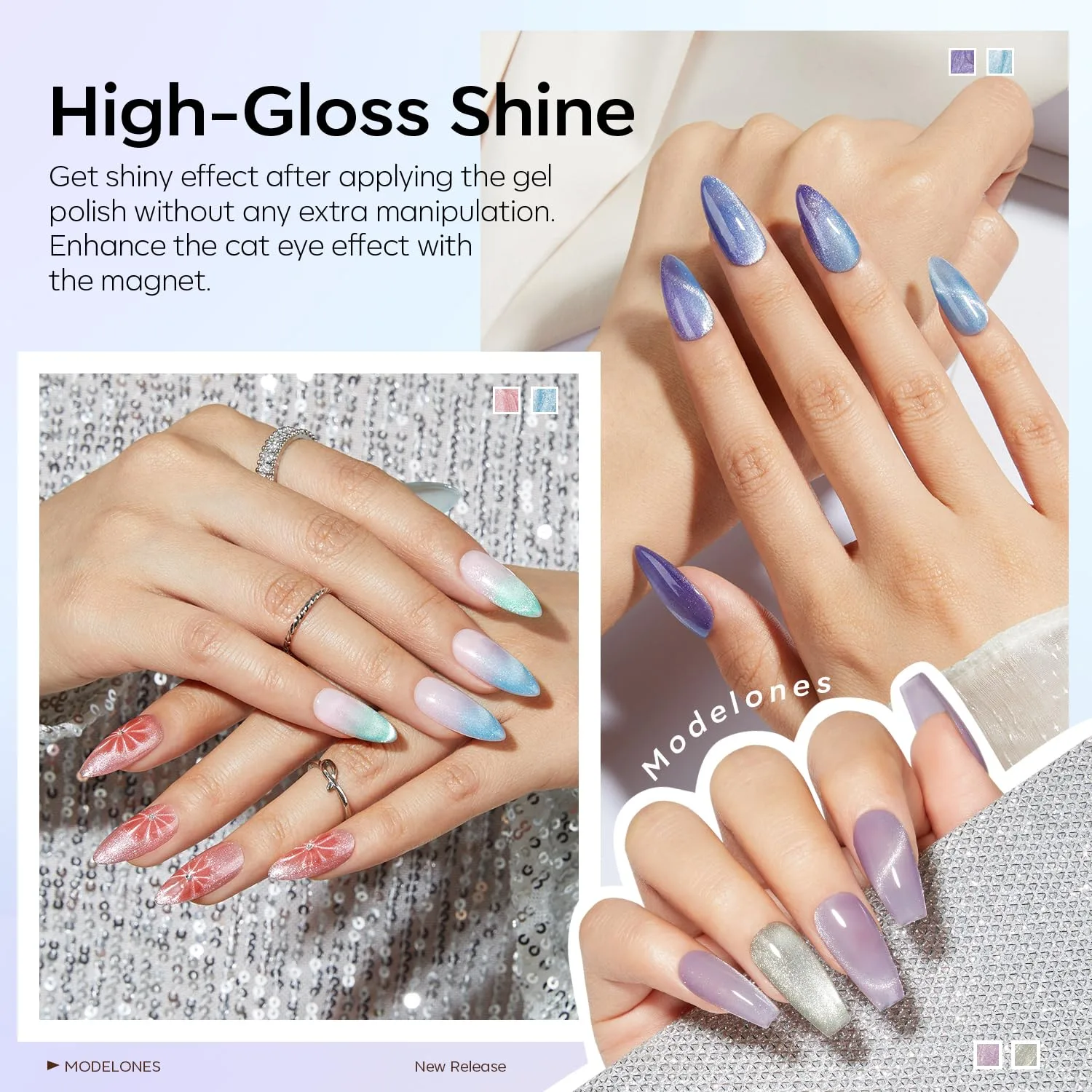 modelones Cat Eye Gel Nail Polish Glitter6Colors Red Blue Green