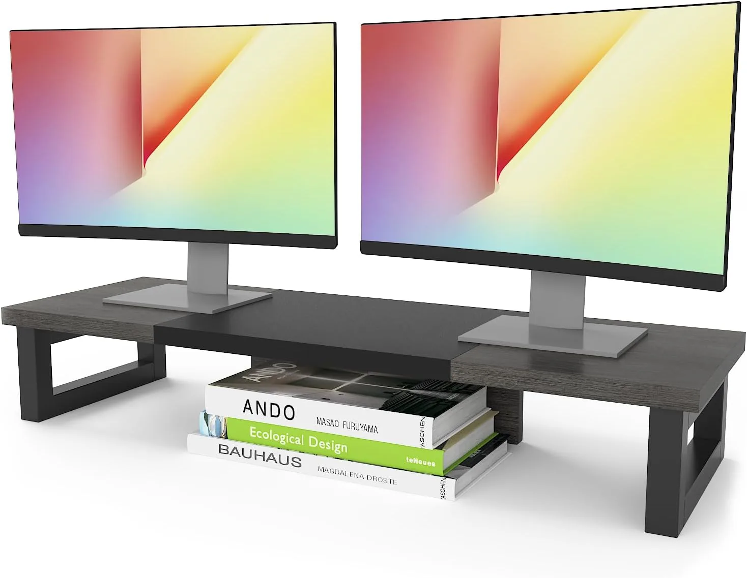 WESTREE Dual Monitor Stand Riser, Wood and Steel Monitor Stand Riser, Computer Monitor Stand for 2 Monitors, Multi-Purpose Desktop Storage Stand for Computer,Laptop,Printer,TV