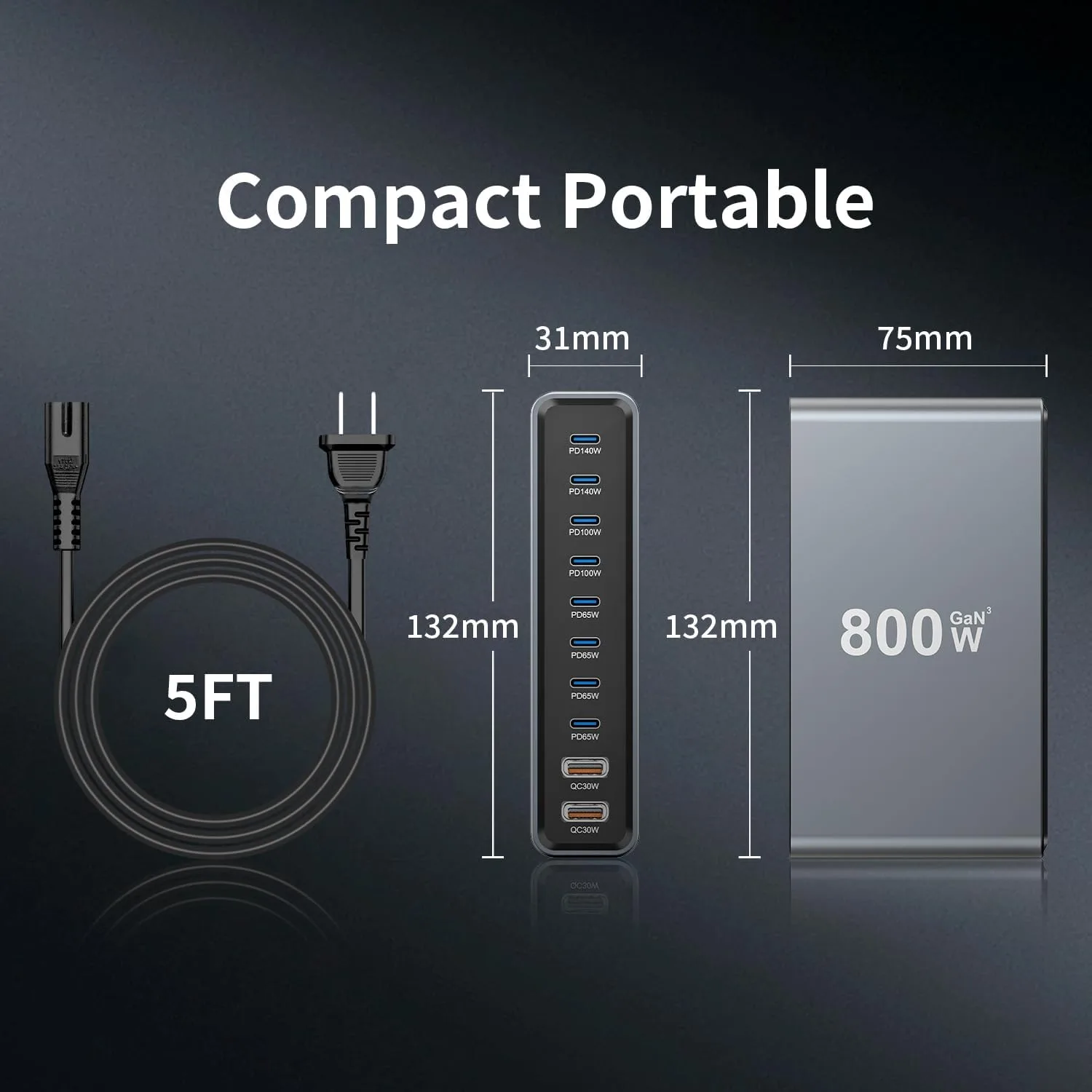 800W GaN3 10-Port USB-C Charging Station - Fast Charger for Laptops, Tablets, Smartphones, and More (Black)