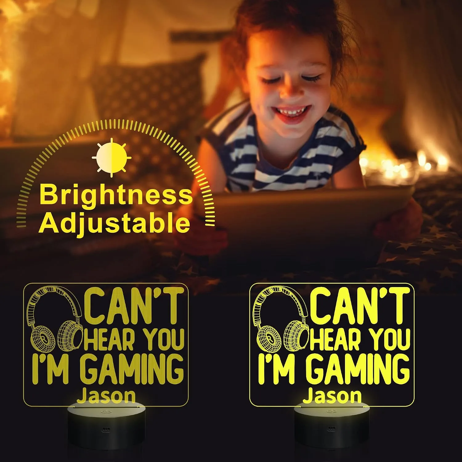 YuanDian Personalised Gamer Gifts, Can't Hear You I'm Gaming Night Light, Headset Graphic Video Games Funny 3D Illusion Lamp 16 Colors Changing Touch & Remote Control for Men Teenagers and Kids
