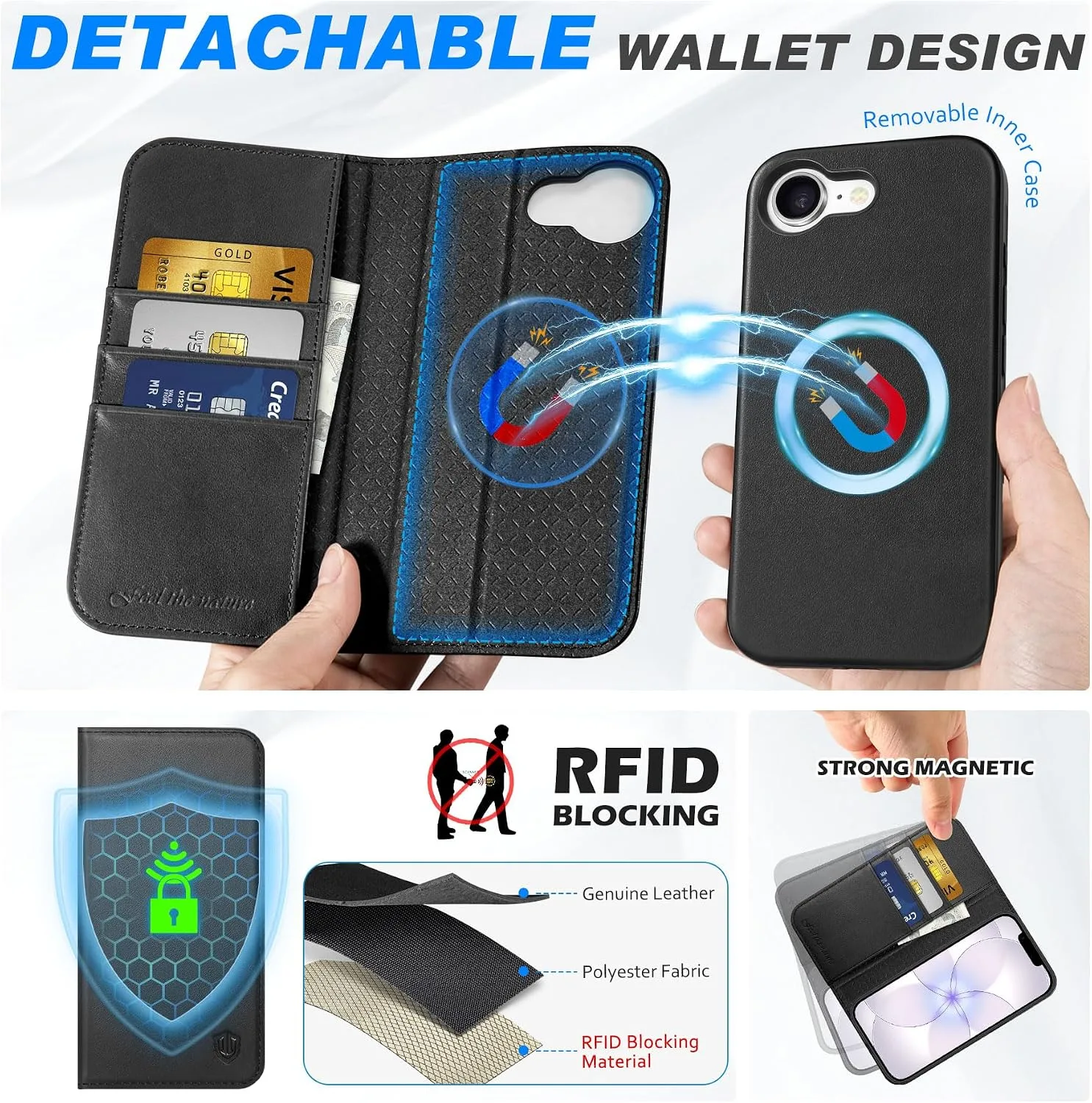 SHIELDON Detachable Genuine Leather Wallet Case for iPhone 17e 6.1", Black
