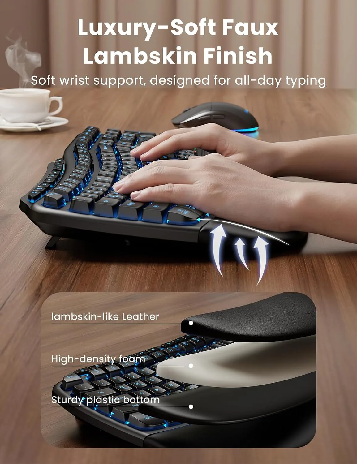 SABLUTE Ergonomic Wireless Keyboard and Mouse Combo, Rechargeable 4000mAh Backlit Keyboard with Soft Faux Lambskin Palm Rest, Wave Keys for Natural Typing, Compatible with Windows/Mac/Chrome OS