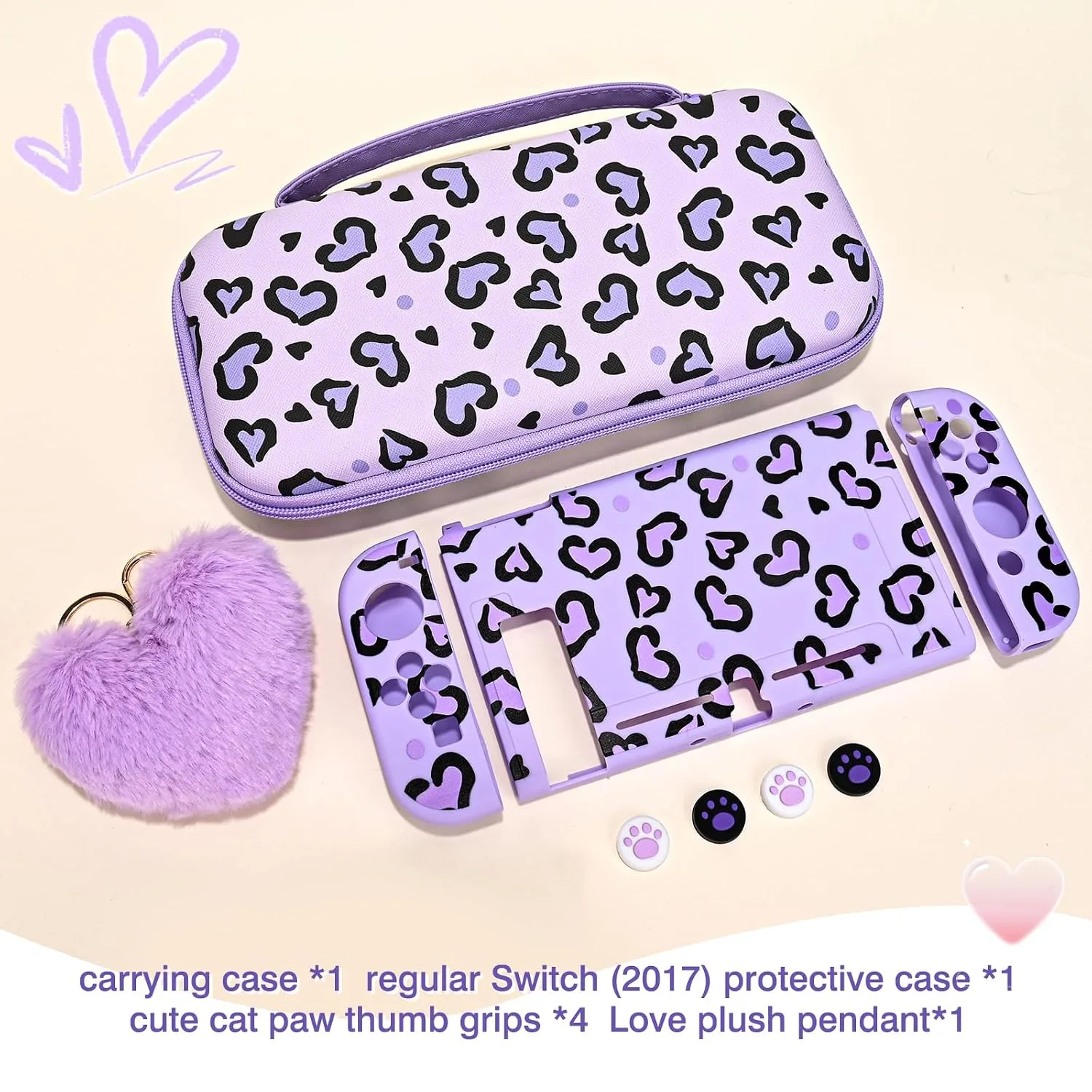 DLseego Love Heart Leopard Carrying Case for Switch 2017 Accessories Set, Portable Carrying Case with 1 Soft TPU Shell & 1PCS Plush Heart Pendant & 12 Slots & 4PCS Cat Paw Thumb Grips Caps- Purple