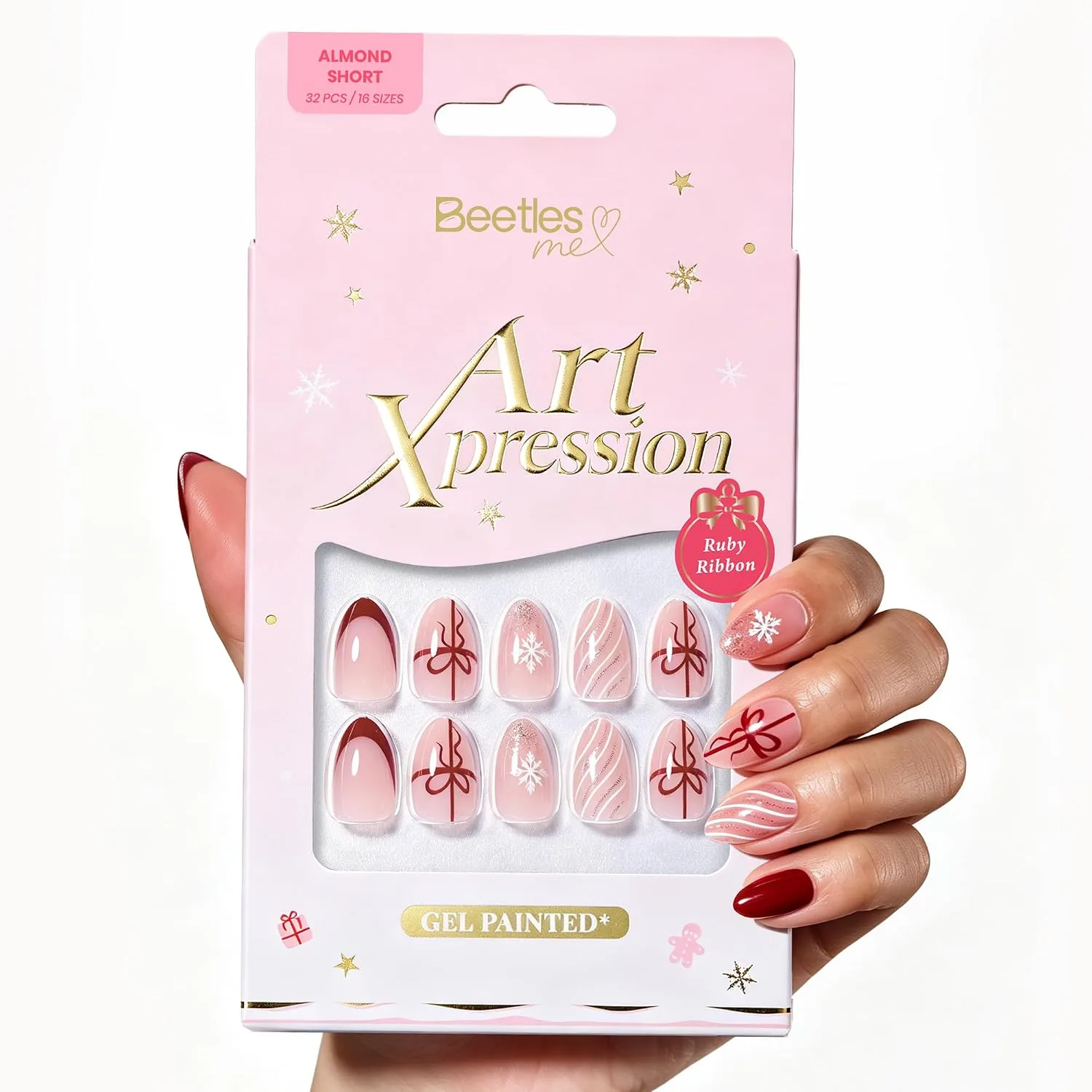 Beetles Christmas Press On Nails with Glue, 32 PCS Short Almond