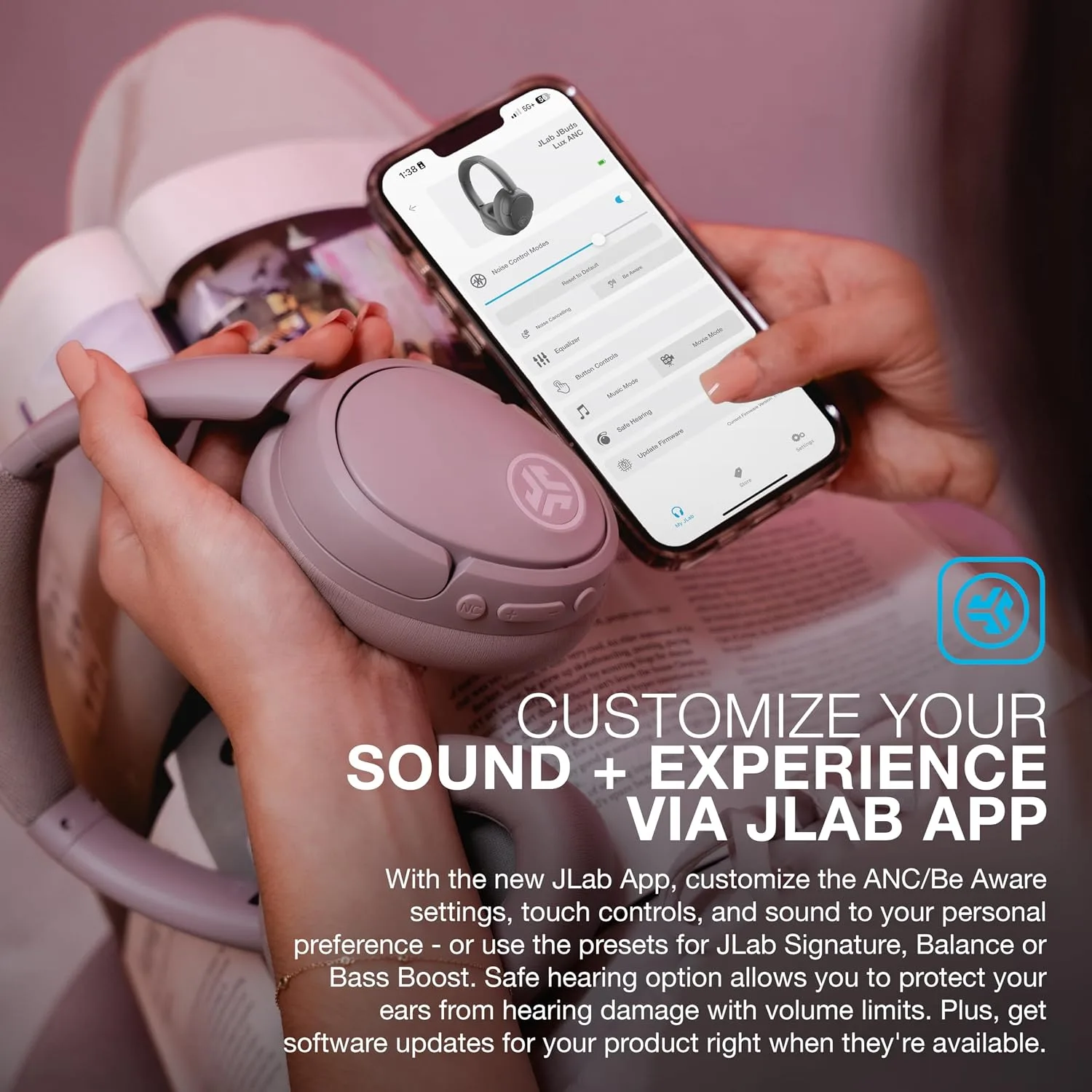 JLab JBuds Lux ANC Wireless Over-Ear Headphones, Mauve