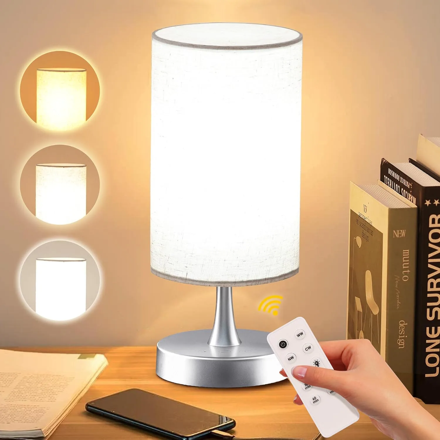 Caromolly Light Therapy Lamp, 10000 Lux Light with Remote Control, 3 Color Temperature & 4 Brightness Level & Timer, Daylight Lamp for Home, Office, Decoration(Silver Base Linen Shade)