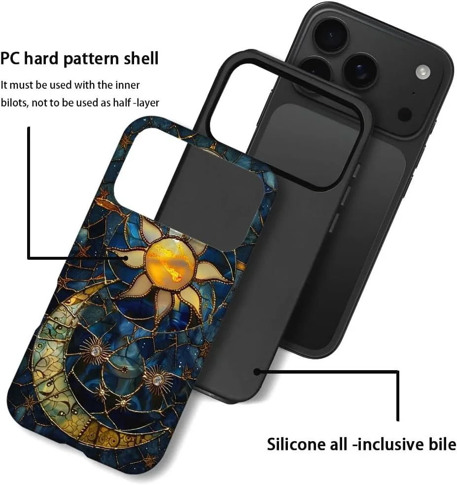 Case Compatible with iPhone 18 Pro/iPhone 17 Pro,Fall Prevention Hybrid 2-Layer Hard Shell Phone Cover for Girls Boys,Sun Moon Celestial Glass