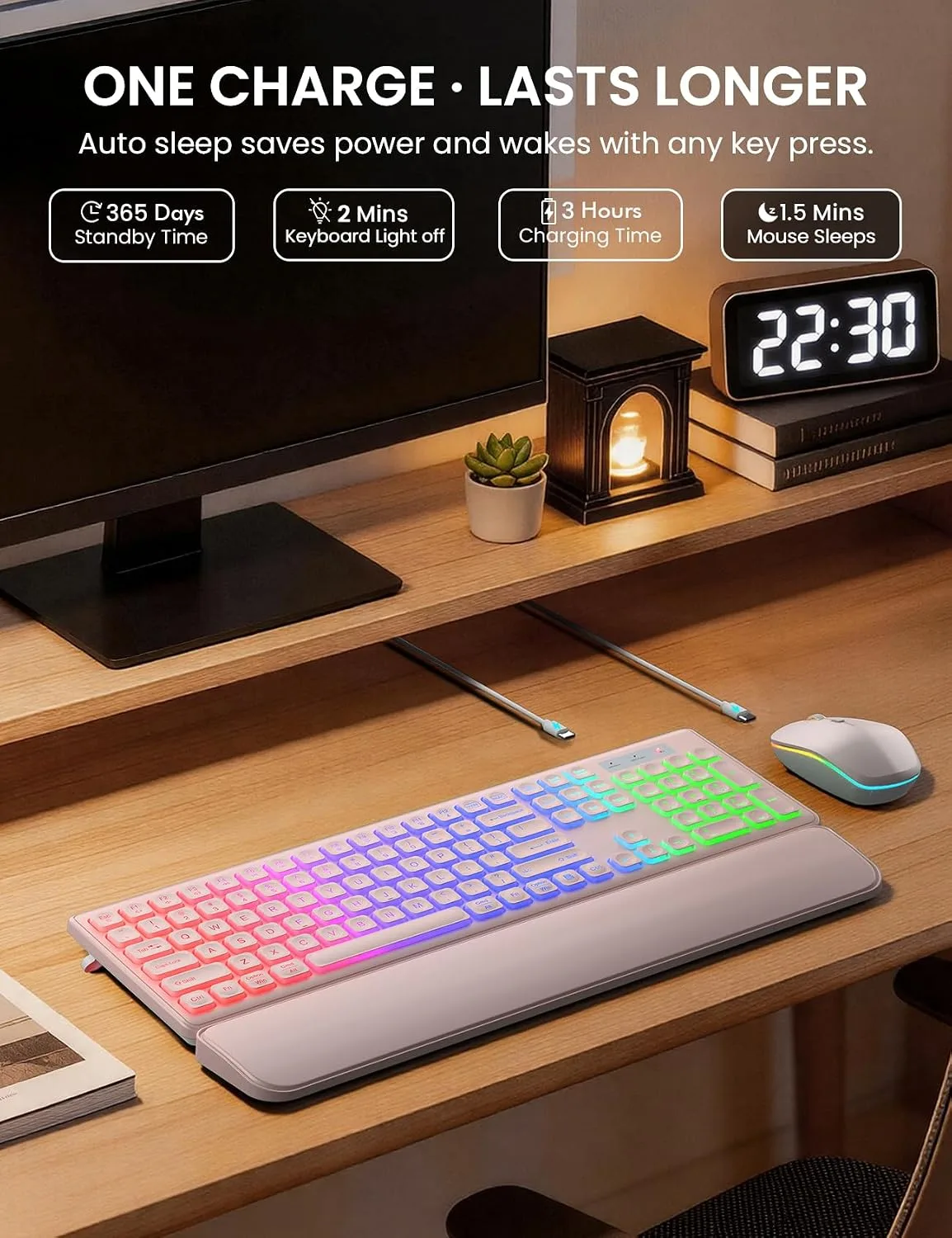 Wireless Keyboard and Mouse Combo, RGB Backlit, Wirst Rest, Rechargeable