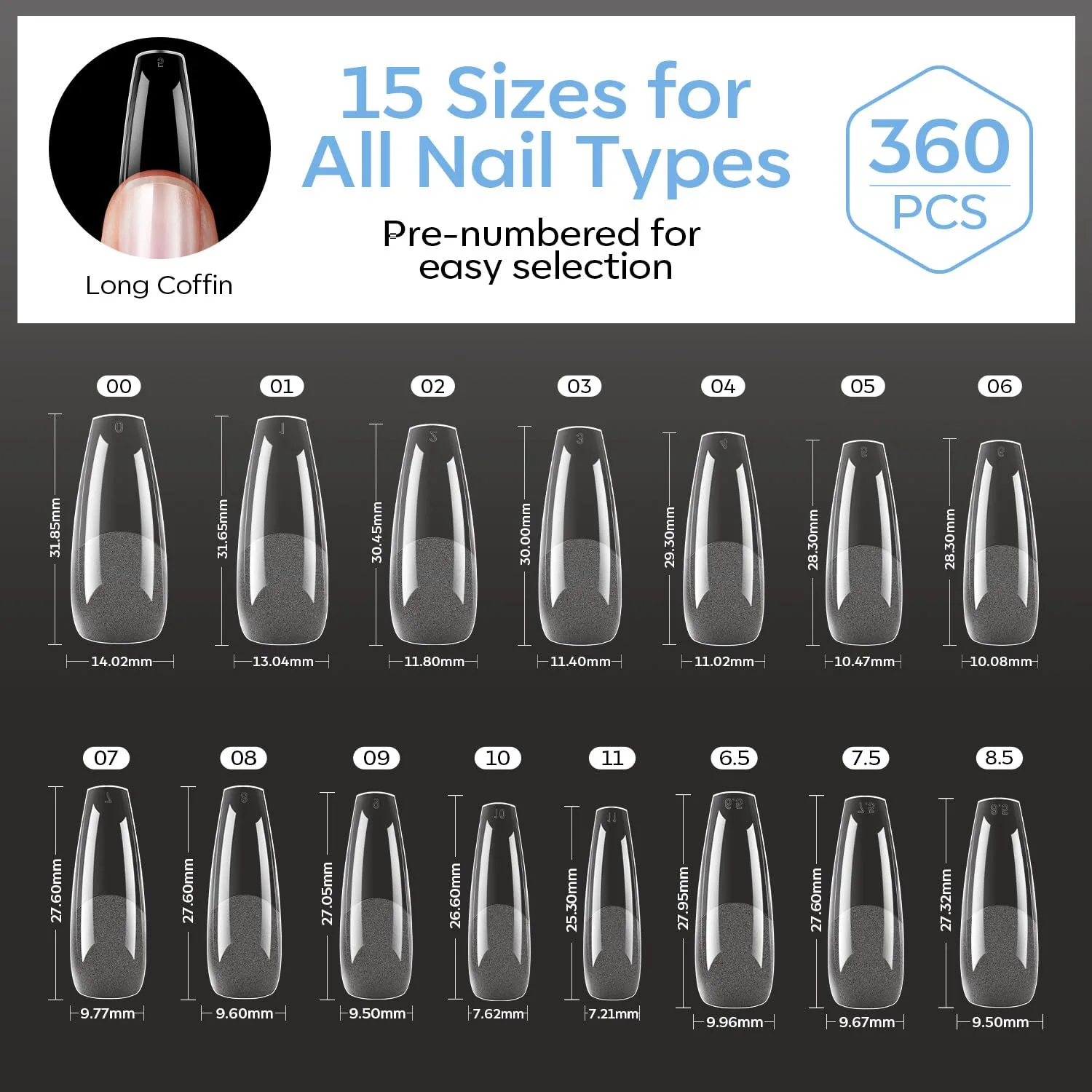 Modelones Long Coffin Nail Tips 360pcs Soft Pre-etched Fake Press On Nail