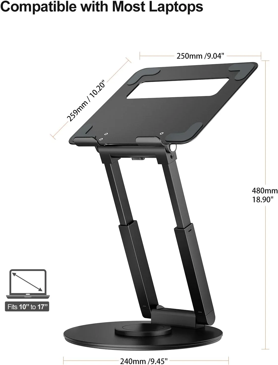 tounee Telescopic Laptop Stand for Desk with 360° Swivel Base, Sit to Stand, Height Adjustable, Portable Riser Holder for Good Posture, Compatible with MacBook Pro, All Laptops 10-17" - Black