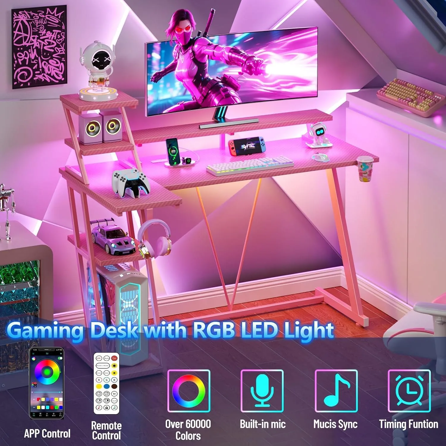 Korfile 40 Inch Gaming Desk with LED & Power Outlet, Carbon Fiber Pink