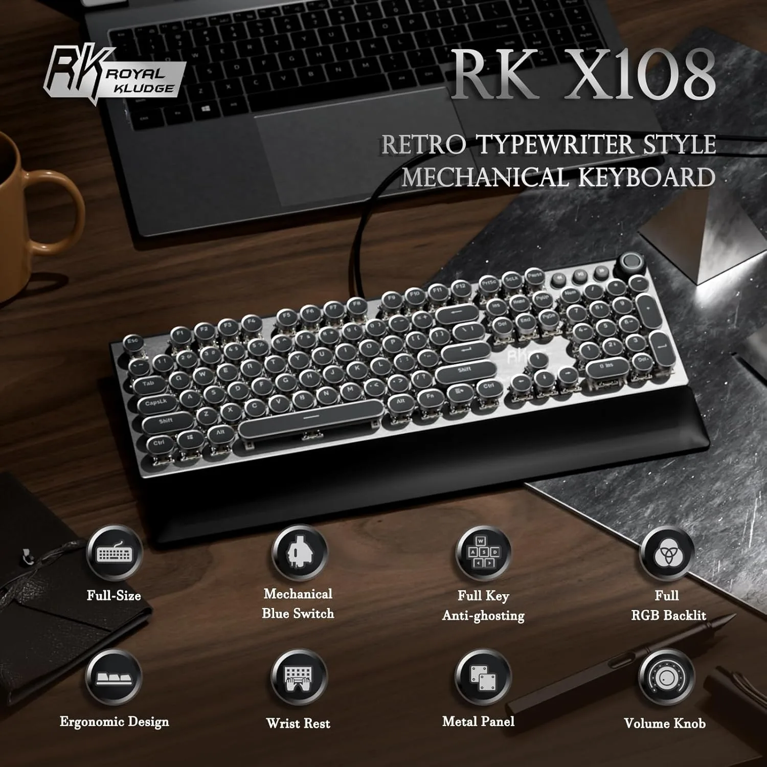 RK ROYAL KLUDGE X108 Typewriter Keyboard with Knob, Wired Mechanical Gaming Keyboard, 108 Keys RGB Backlit Sidelight, Detachable Wrist Rest, Retro Round Keycaps Blue Switches - Shadow Black