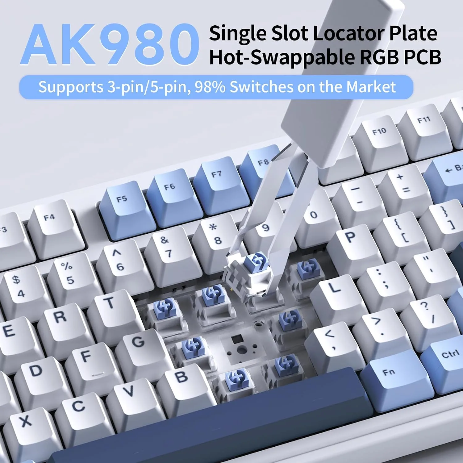 ACODEX Ajazz AK980 V2 Blue White Wireless Mechanical Gaming Keyboard,Tri-Mode BT5.0/2.4GHz/USB-C, Hot Swappable RGB Backlit Computer Gaming Keyboards for PC/Tablet/PS/Xbox