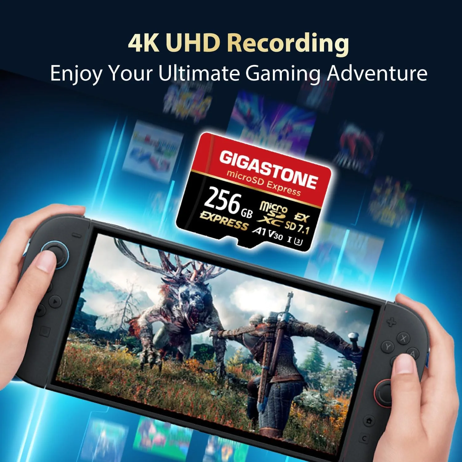 【Designed for Switch 2】 GIGASTONE 256GB microSD Express R/W 880/650MB/s SDXC Memory Card SD 2.0 3.0 5.0 7.1 UHS-I UHS-II, Action Camera Drone, V30 U3, SD Adapter 【5 Yrs Free Data Recovery】
