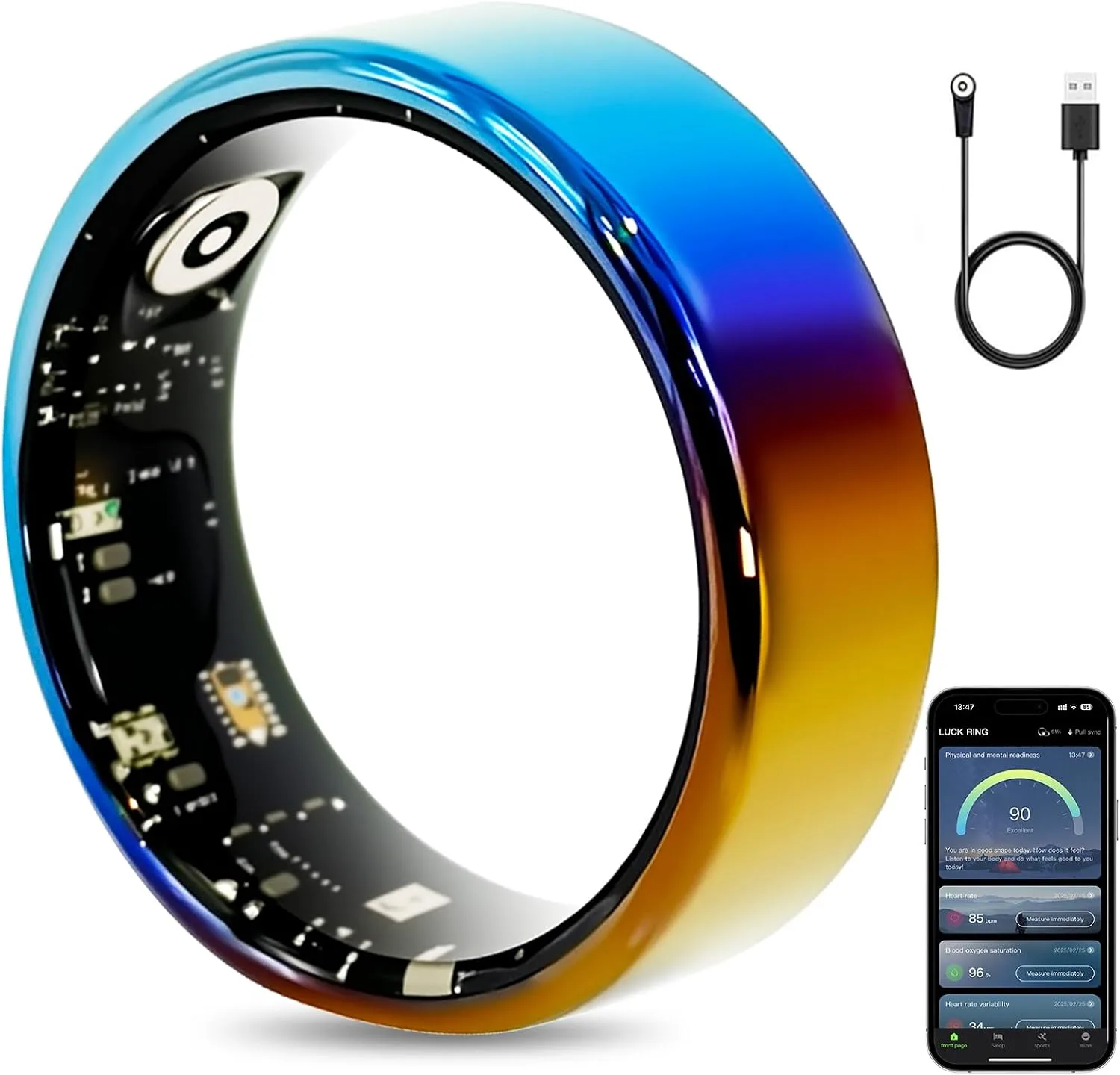 Mirlray Smart Ring for Women & Men, Smart Ring Health Tracker, Blood Oxygen & Heart Rate Monitor, Long Lasting Battery Sleep Ring, Waterproof Fitness Ring (Ti-Blue, 8)