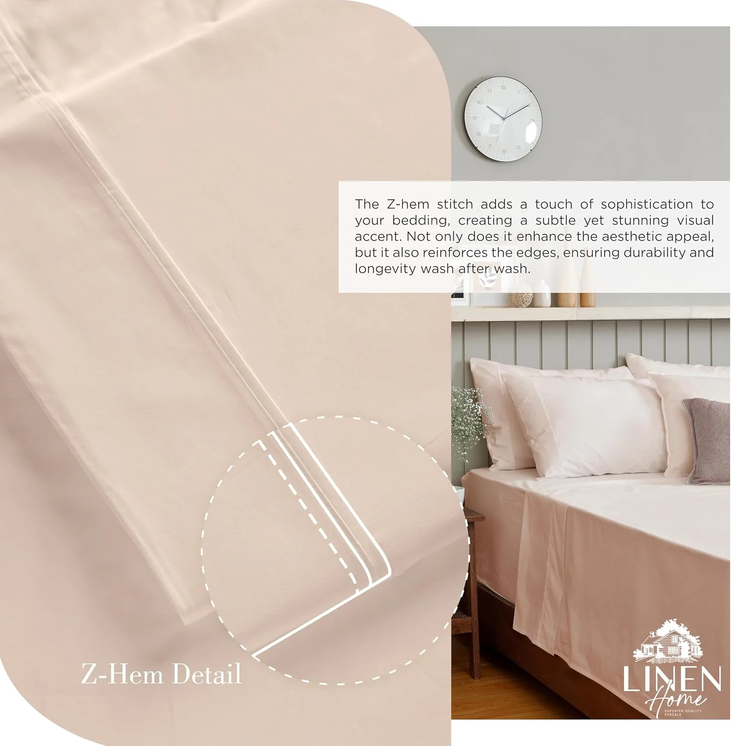 Linen Home 100% Cotton Percale King Sheets, 4 Pc Cooling Set - Sand Shell