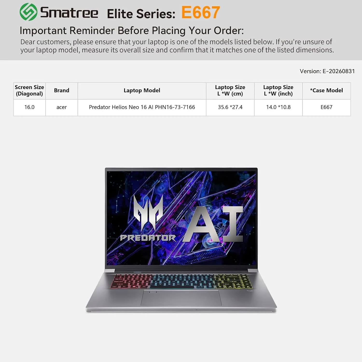 Smatree Elite Laptop Sleeve for 16 inch acer Predator Helios Neo 16 AI