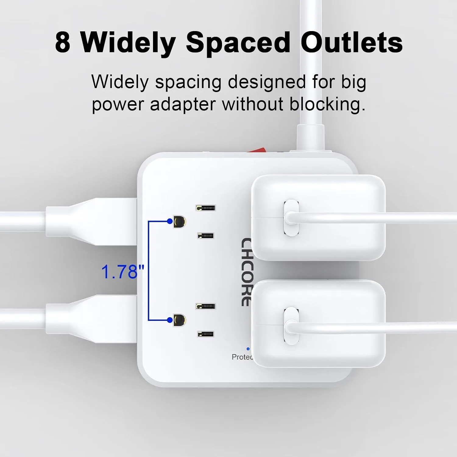 10Ft Surge Protector Power Strip - CHCORE Flat Plug Extension Cord with 8 Outlets and 4 USB Ports(2 USB C), 3 Side Wall Mount Outlet Extender for Home Dorm Room Essentials, ETL Listed, White