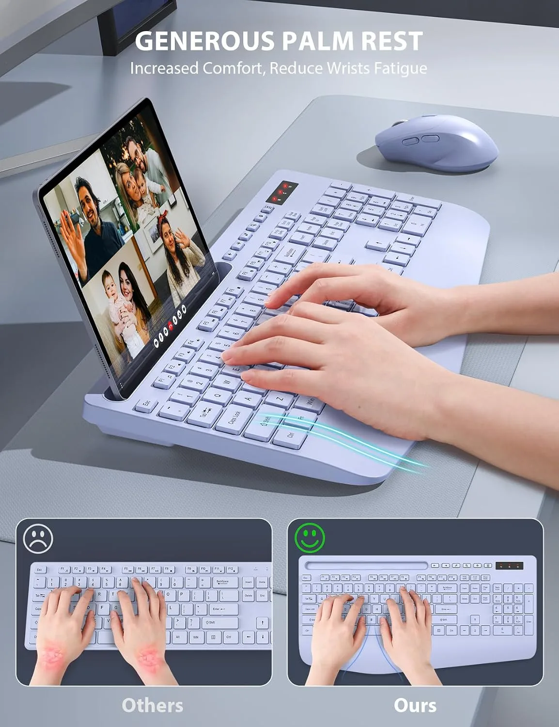 Wireless Keyboard and Mouse Combo - Full-Sized, Ergonomic Wrist Rest (Purple, 1 Pack)