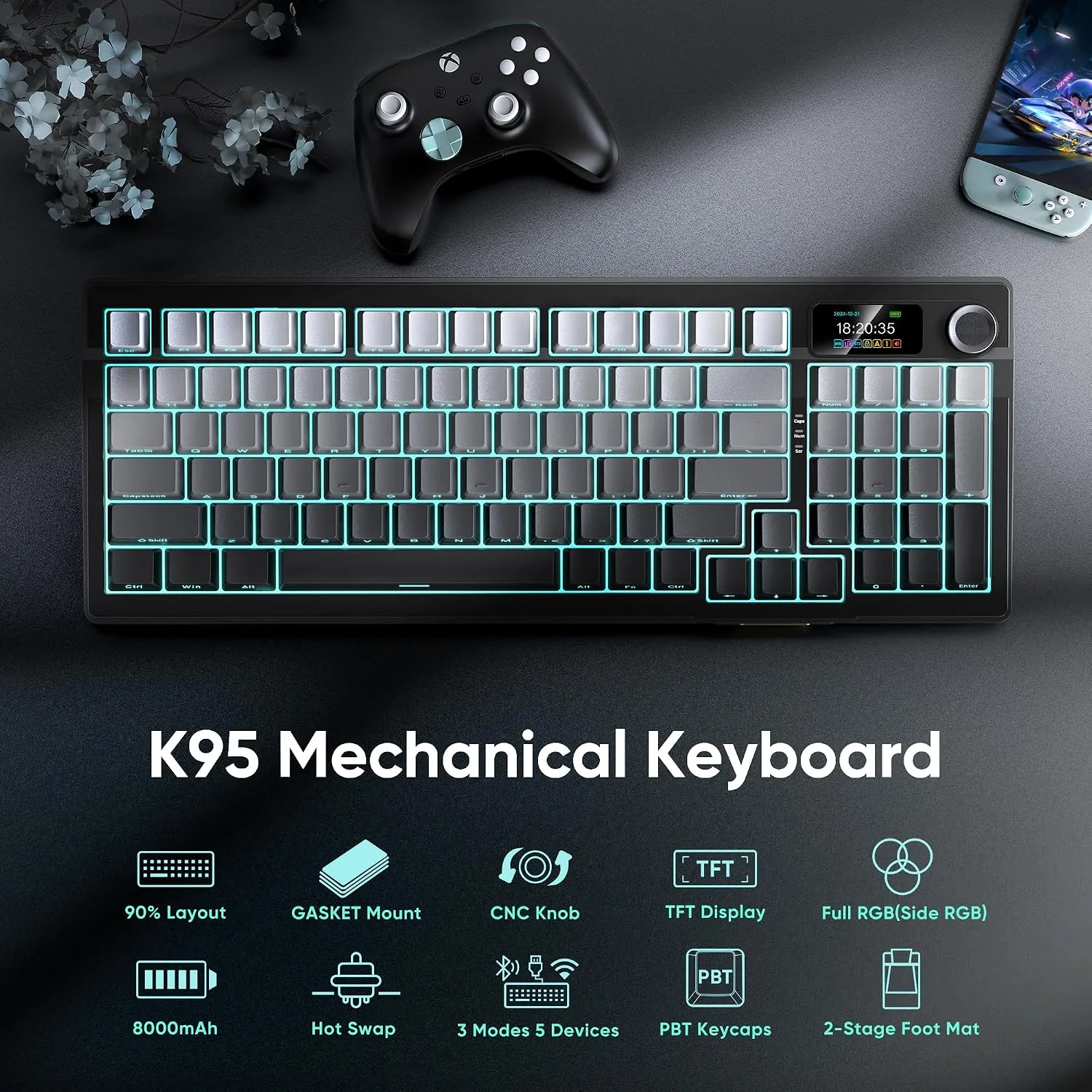 RedThunder K95 Wireless Mechanical Keyboard,TFT Screen & Knob, Trip-Modes Connection, Gasket Custom Hot-Swap Keyboard, RGB Backlit, Pre-lubed Linear Switches, Side Printed PBT Keycaps, Gray Gradient