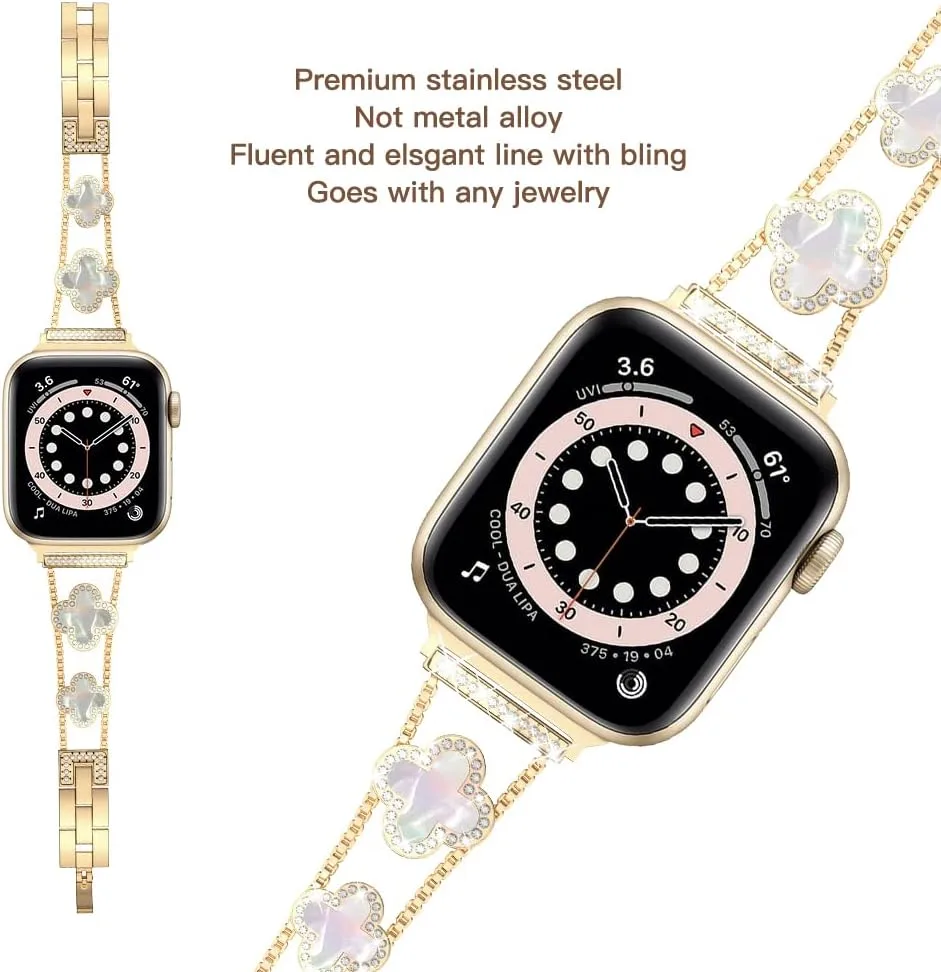 Musk-MSKR Diamond Metal Bands Add Sparkle to Your Watch For Apple Watch Series 11/10/9/8/7/6/5/4/3/2/SE/Ultra Clover Simple and Stylish Compatible with 38mm40mm41mm42mm44mm45mm 46mm49mm Women's Wear