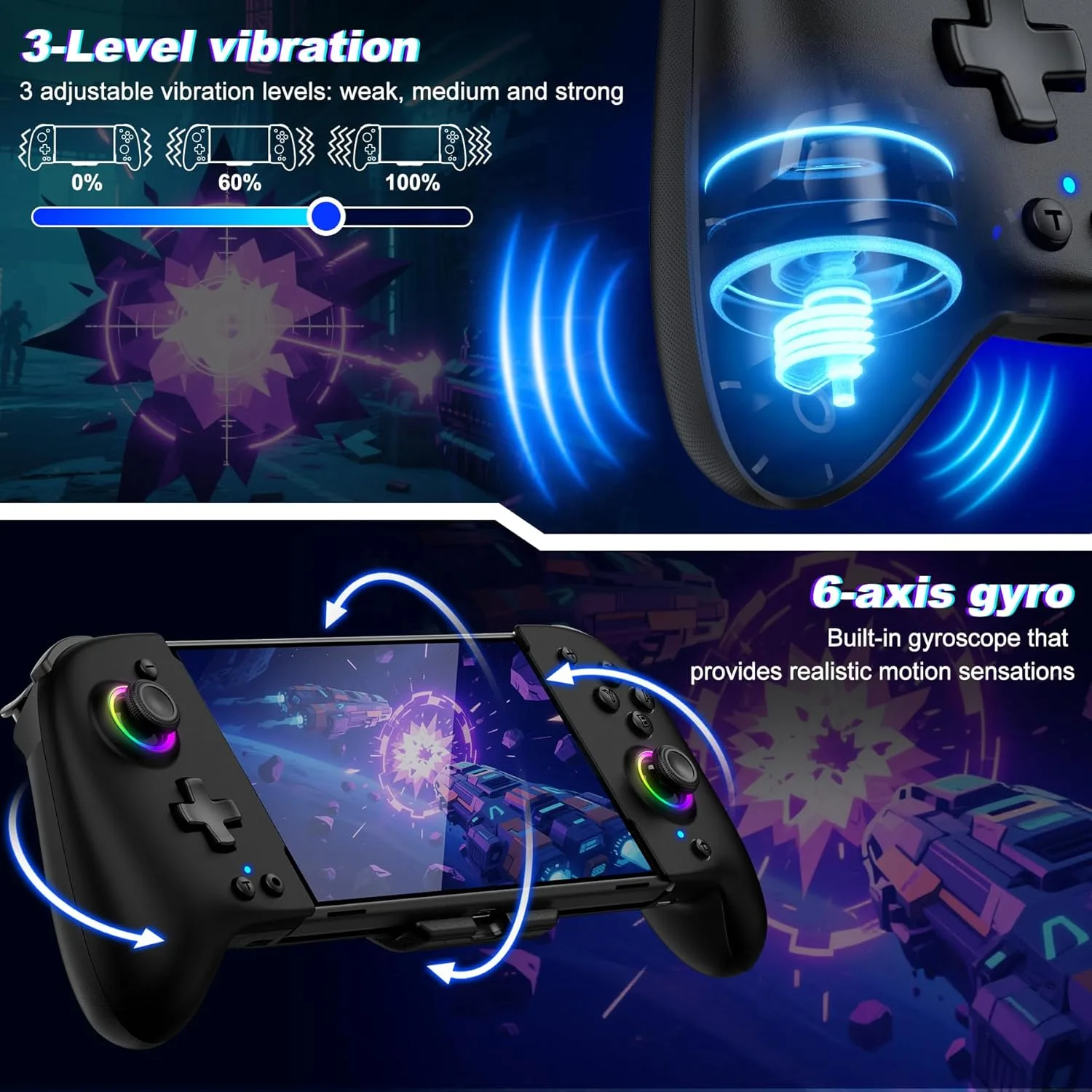 Gammeefy Switch Controller – Hall Effect Joysticks & Enhanced Grip – One Piece Switch Joypad Replacement Switch Pro Controller with 8-Color RGB Lighting, Turbo, Macros - Black, 6.2"/7"