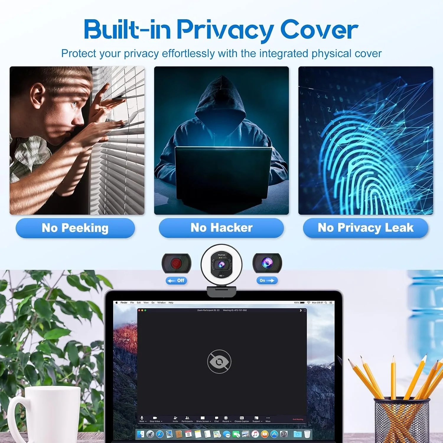 4K Webcam with Ring Light & Built-in Microphone for PC Streaming