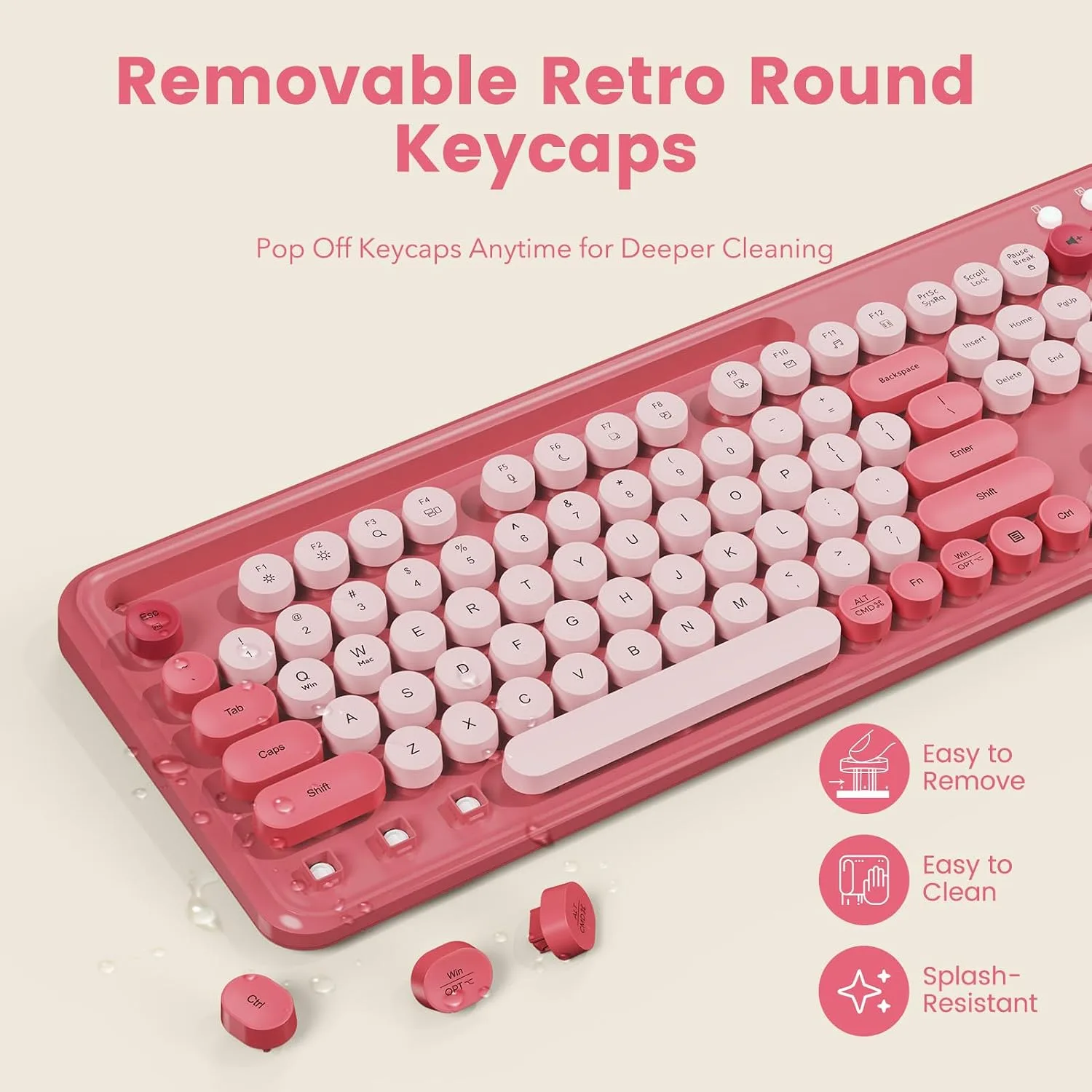Wireless Keyboard and Mouse Combo, Retro Round Keycaps, Full-Size Stylish Typewriter Keyboard with Large Phone/Tablet Holder, 3-Level DPI Ergonomic Mouse, 2.4GHz Cordless for Windows PC, Rose Pink